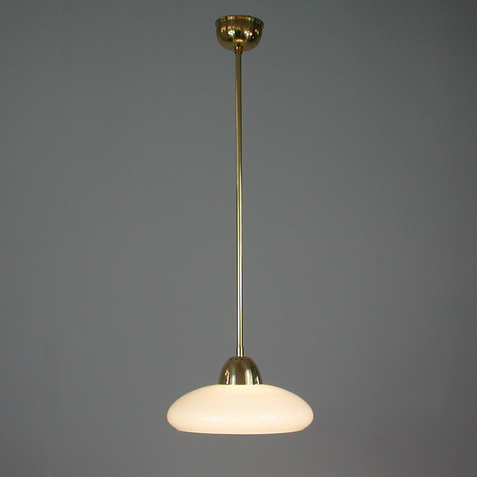 Art Deco Bauhaus Cream Opaline Glass and Brass Pendants, Germany 1930s For Sale 1