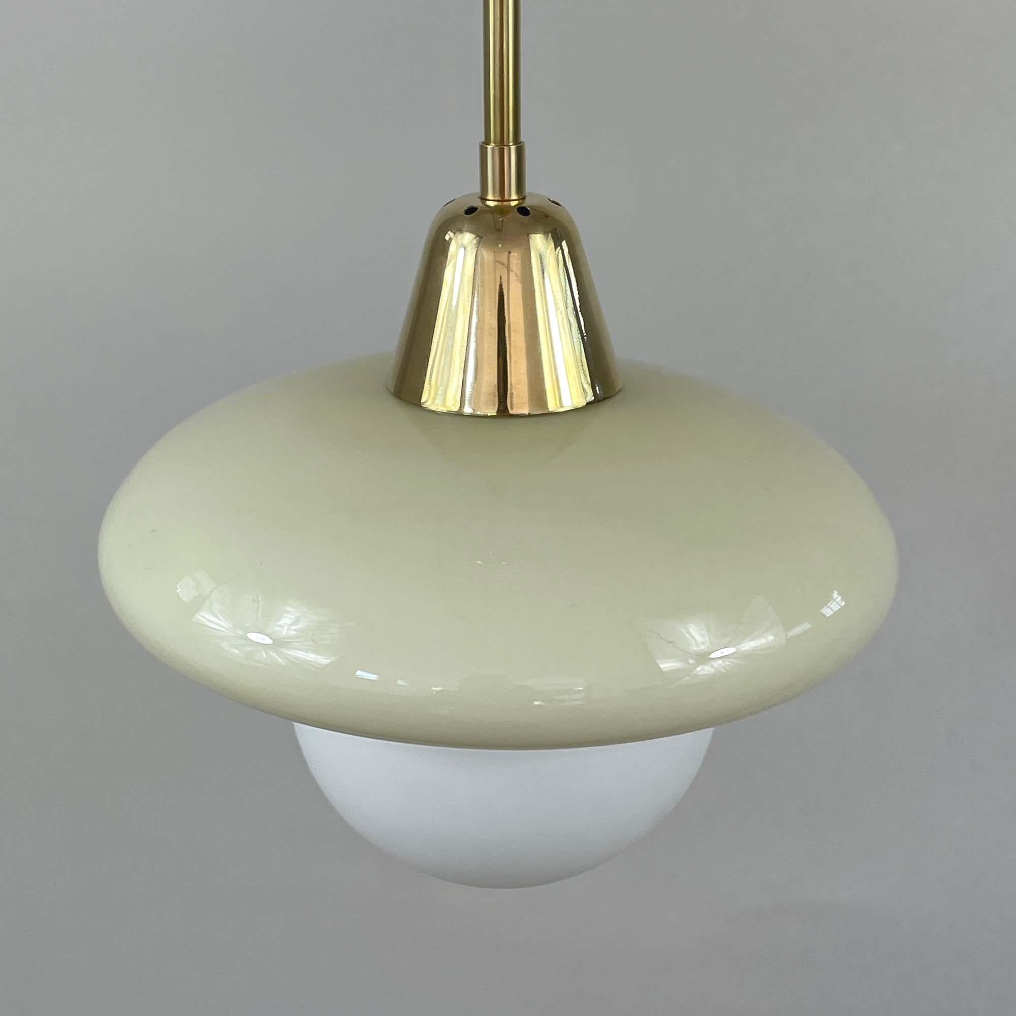 Art Deco Bauhaus Cream Opaline Glass and Brass Pendants, Germany 1930s For Sale 3