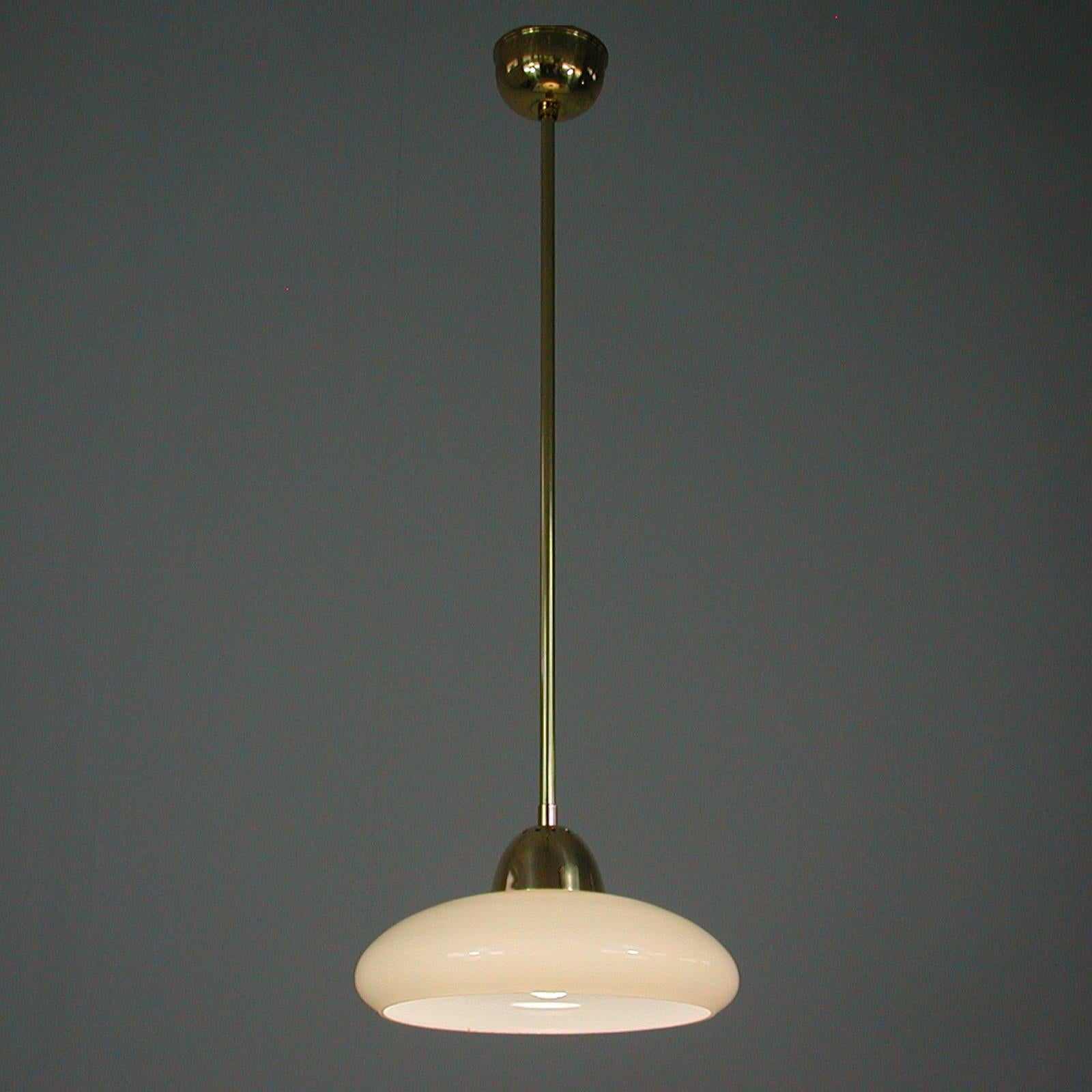 Art Deco Bauhaus Cream Opaline Glass and Brass Pendants, Germany 1930s For Sale 3