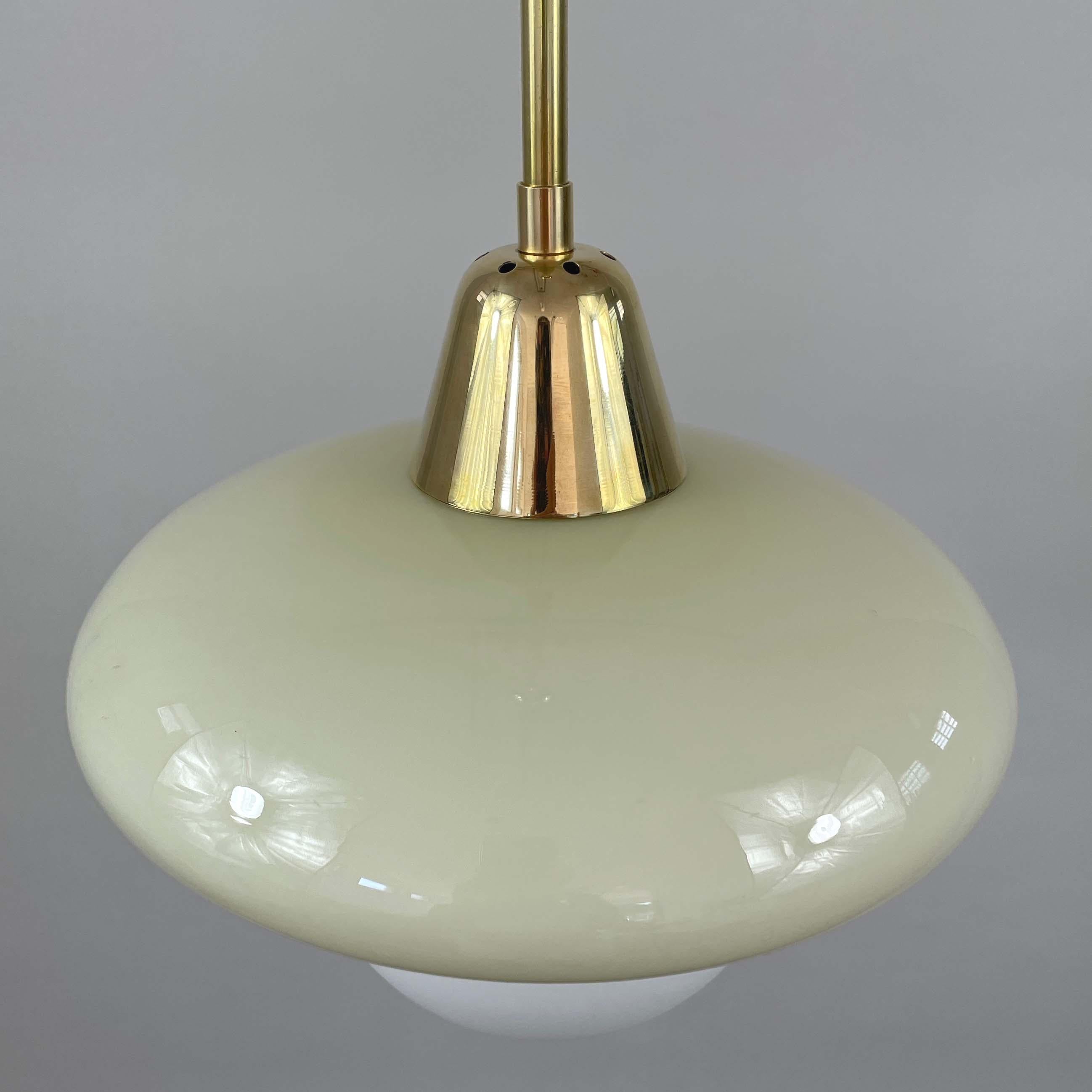 Art Deco Bauhaus Cream Opaline Glass and Brass Pendants, Germany 1930s For Sale 4