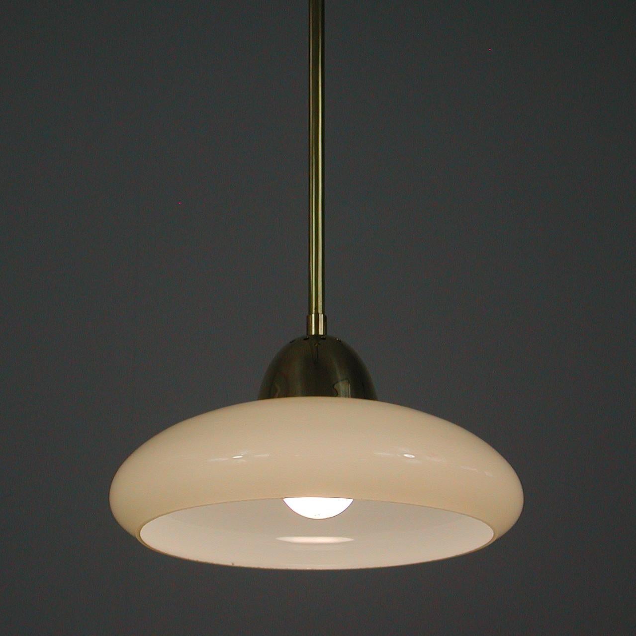 Art Deco Bauhaus Cream Opaline Glass and Brass Pendants, Germany 1930s For Sale 4
