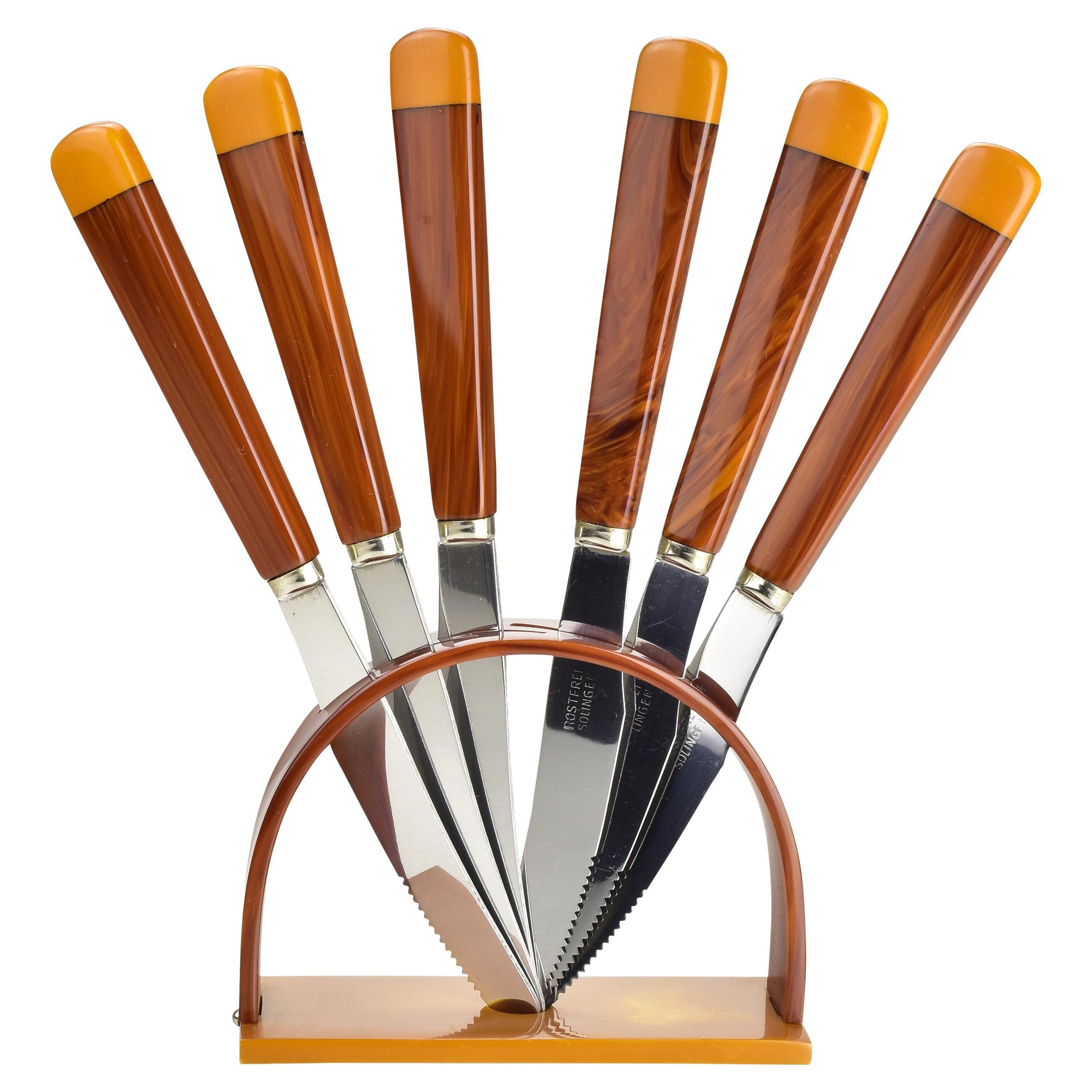 Art Deco Bauhaus Era Bakelite Catalin Fruit Knife Set with Stand 1930s, Set of 6