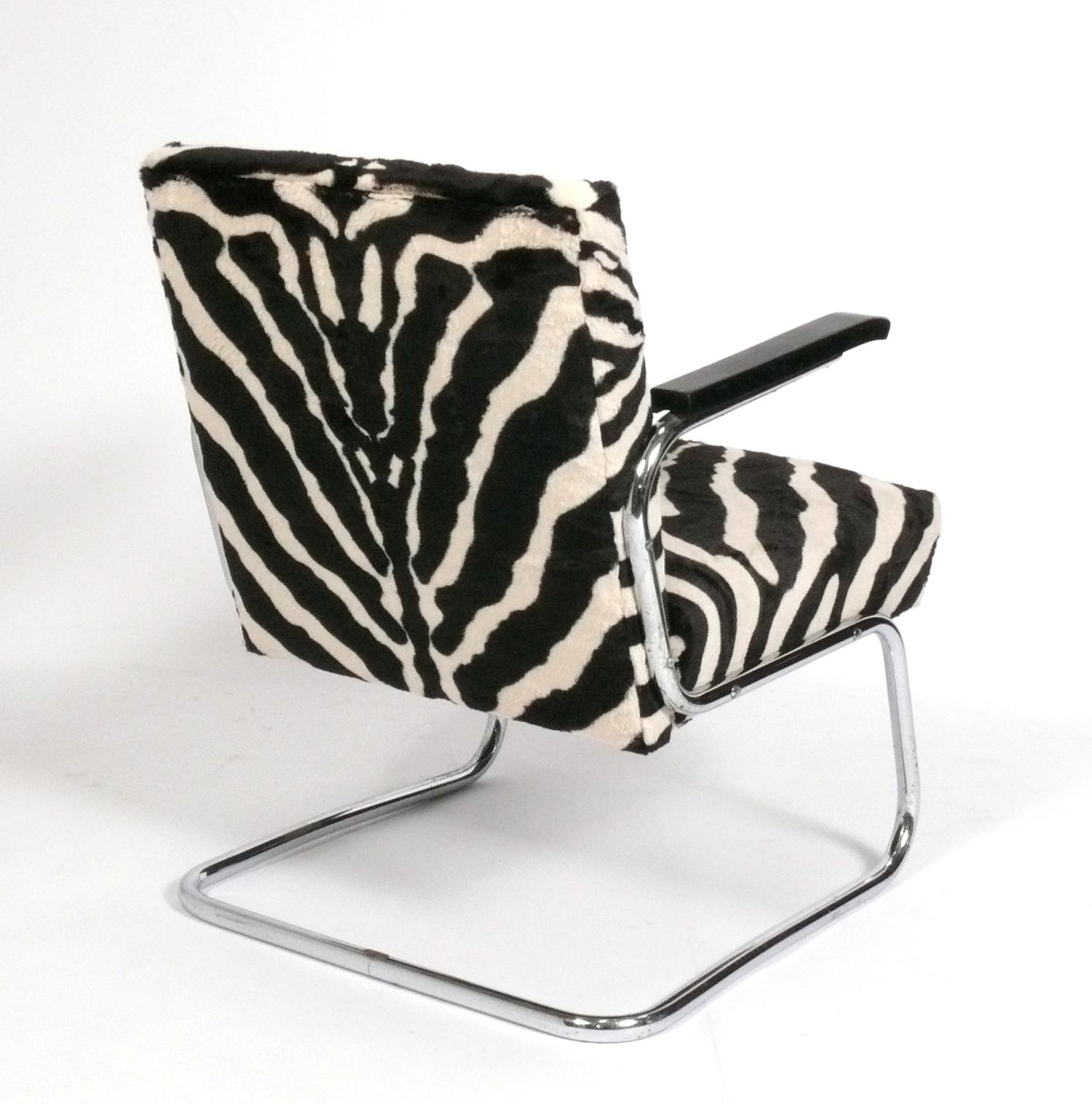 German Art Deco Bauhaus Era Chrome Lounge Chair in Zebra Print Fabric, 1930s