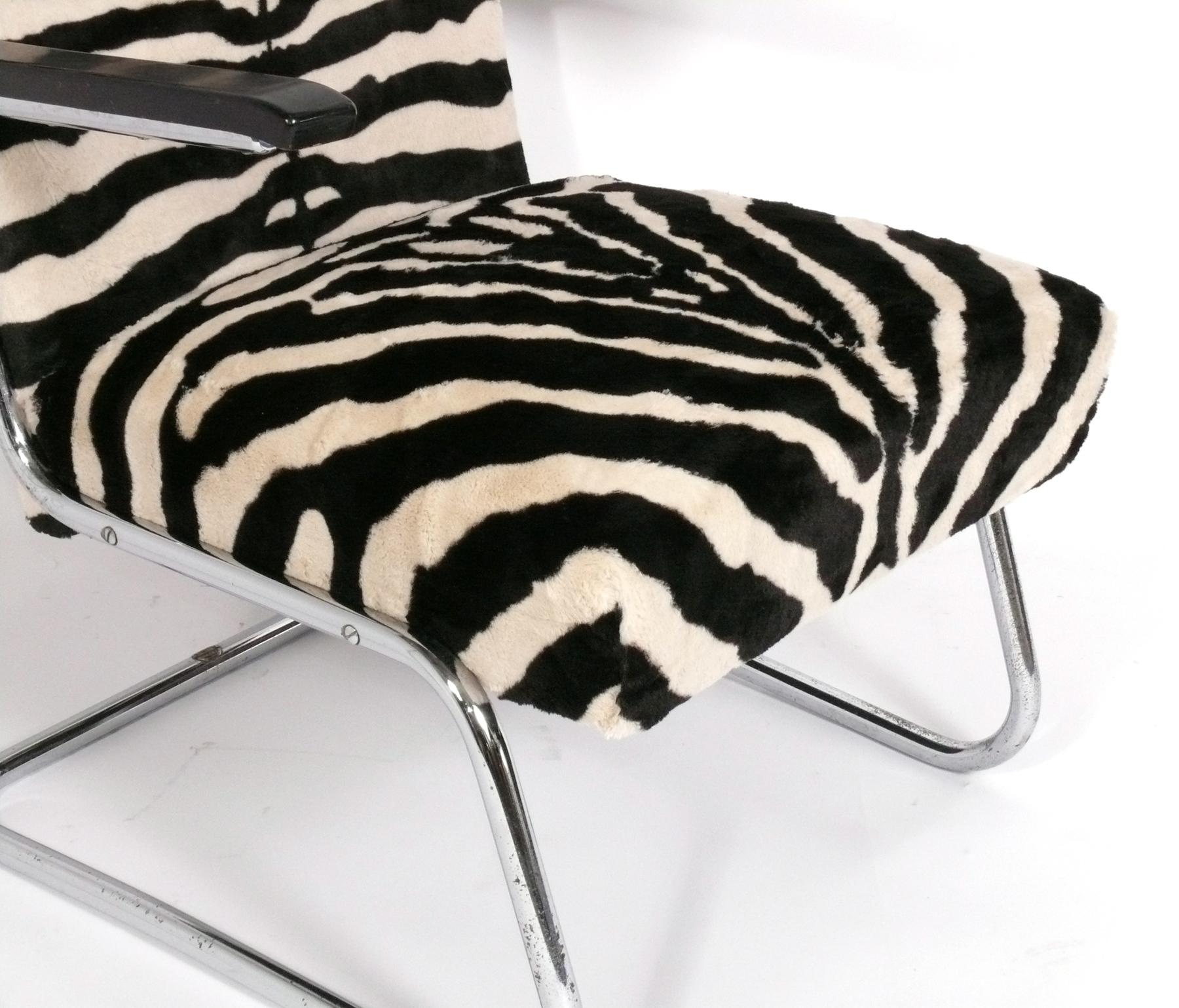 Plated Art Deco Bauhaus Era Chrome Lounge Chair in Zebra Print Fabric, 1930s