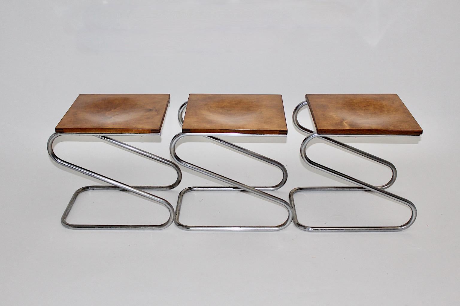 Art Deco Bauhaus Era Vintage Three Chromed Metal Stools, 1930s, Germany For Sale 7