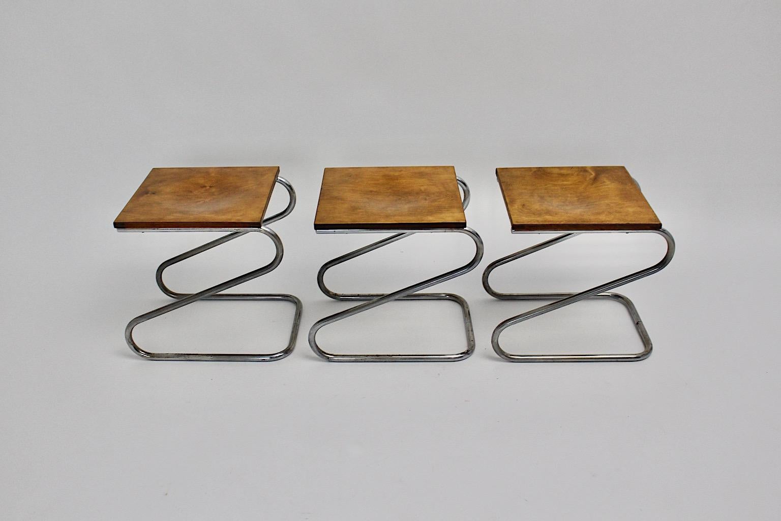 Art Deco Bauhaus Era Vintage Three Chromed Metal Stools, 1930s, Germany In Good Condition For Sale In Vienna, AT