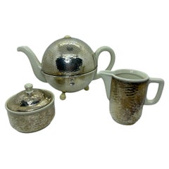 Art Deco Bauhaus Hutschenreuther Tea Pot Set Hammered WMF Metal Cozy, 1930s