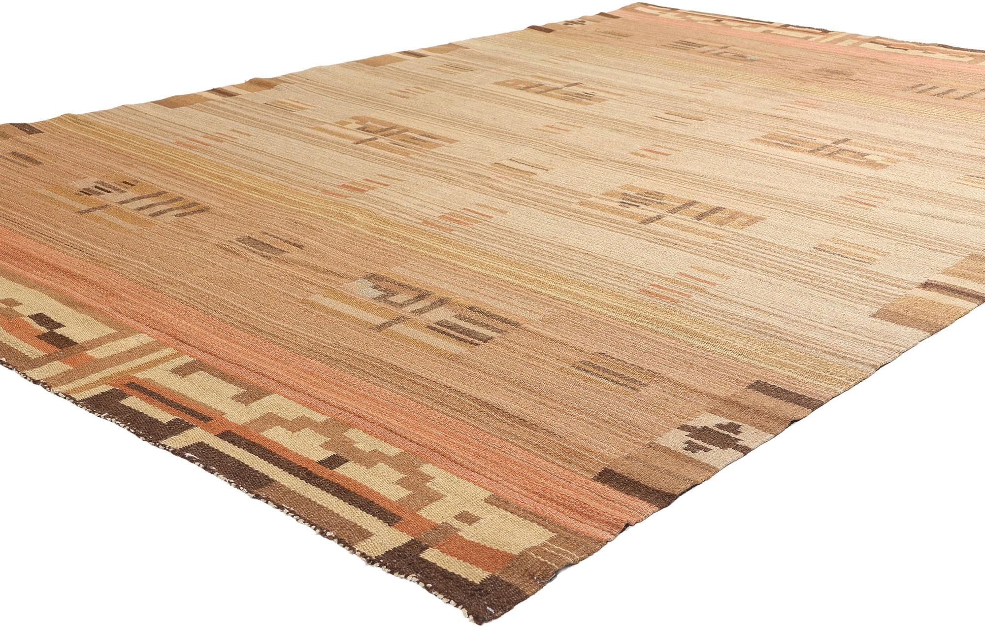 78464 Impi Sotavalta Finnish Flatweave Rug, 06'04 x 09'09. Impi Sotavalta, a notable Finnish textile artist, is renowned for her flatweave rugs that blend simplicity, elegance, and geometric patterns inspired by nature. Handwoven with meticulous
