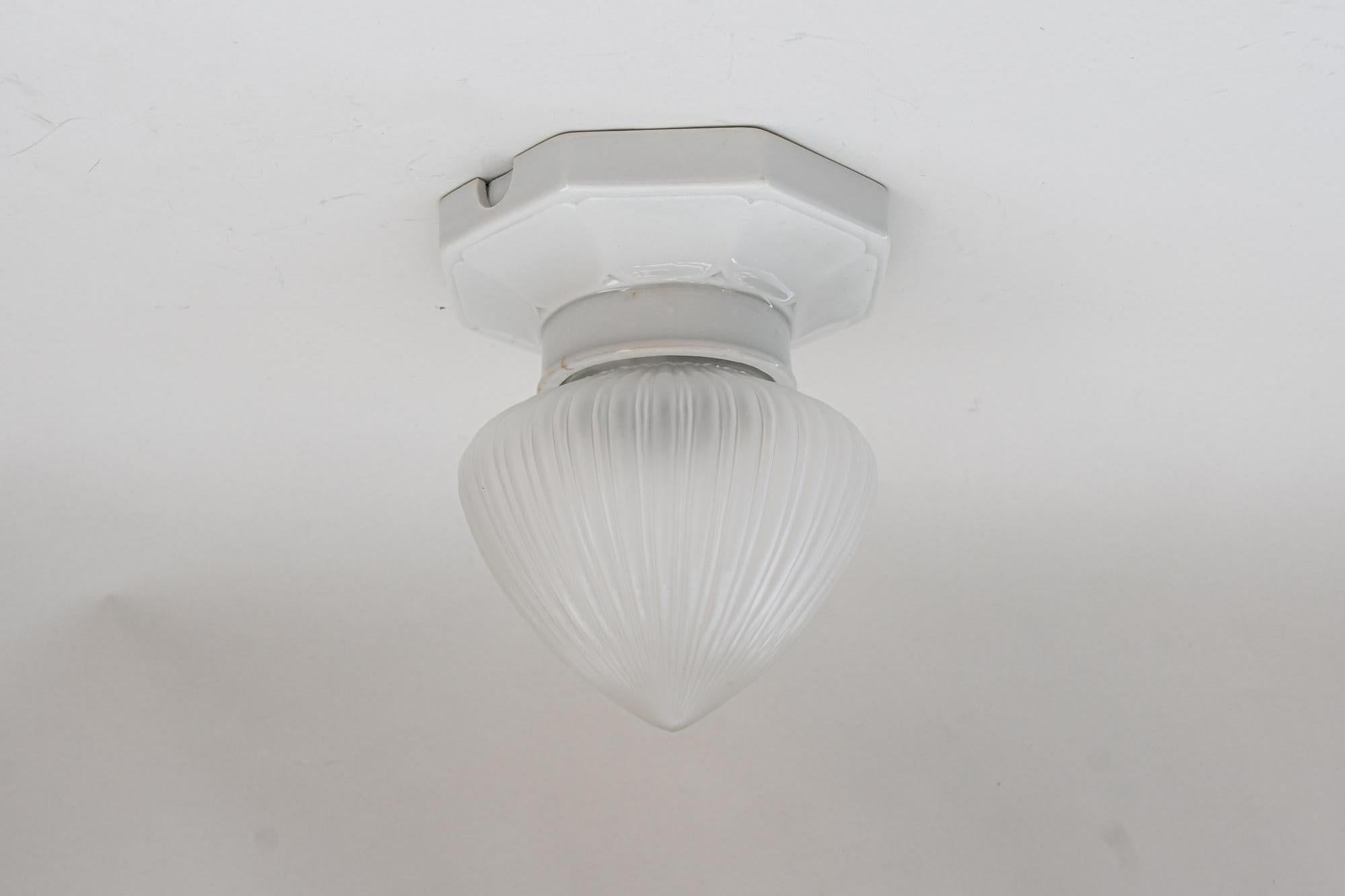 German Art Deco Bauhaus Porcelain Ceiling Lamp with Original Glass, circa 1920s