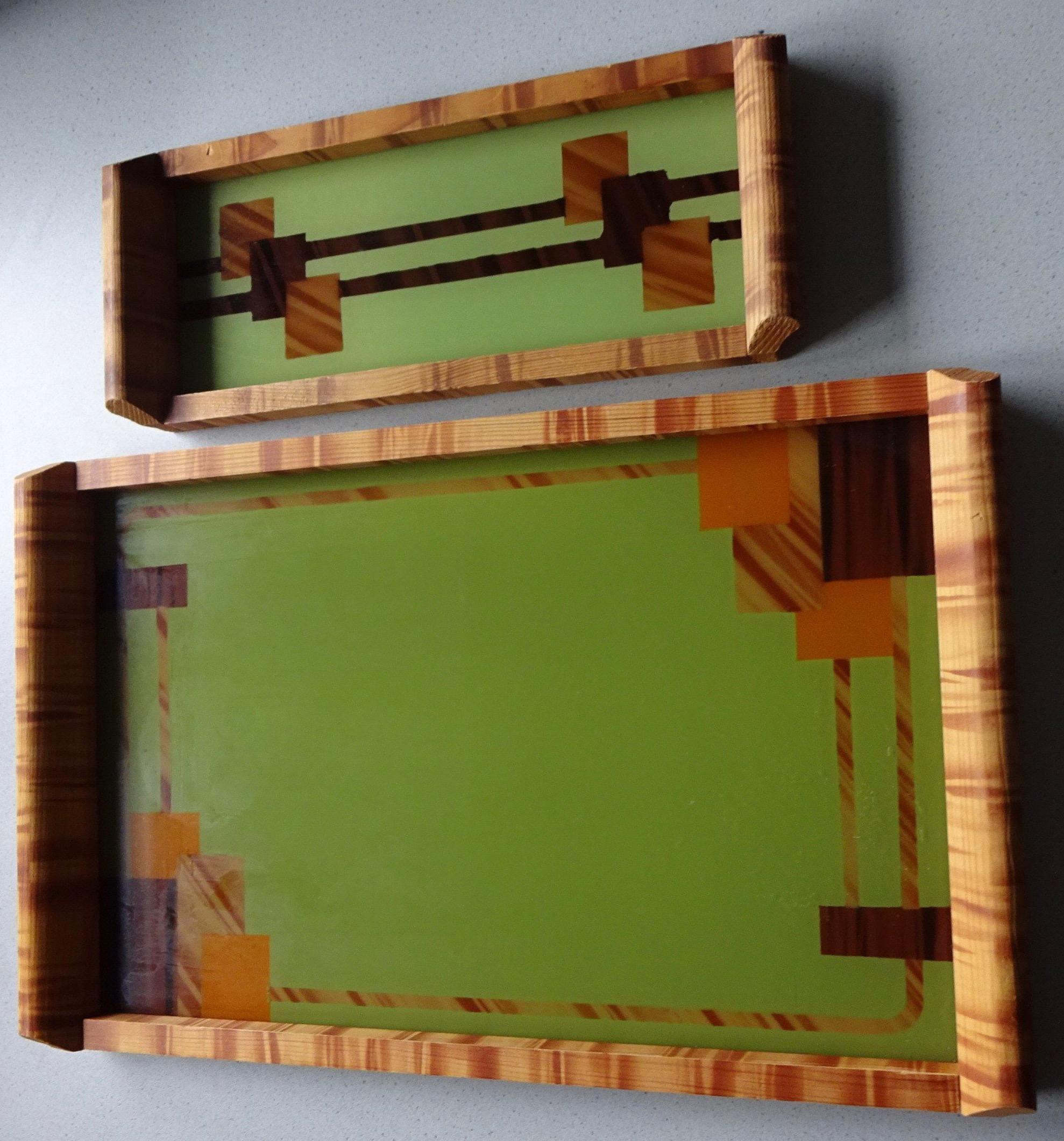 Art Deco Bauhaus Trays Pair Wood, Glass Original Condition In Good Condition In Oakland, CA