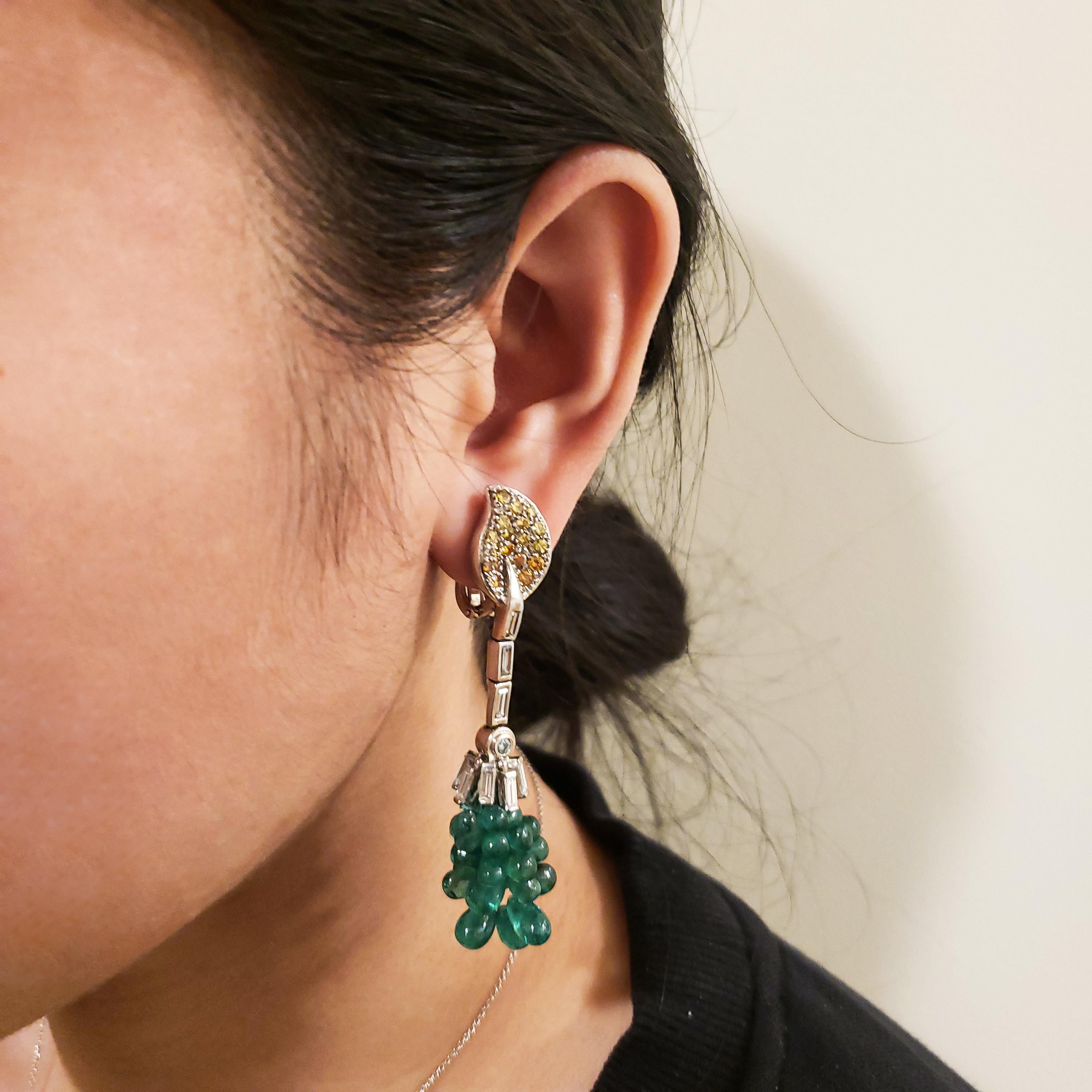 Women's or Men's Art Deco Bead Shape Emerald and Fancy Color Diamond Dangle Drop Earrings For Sale
