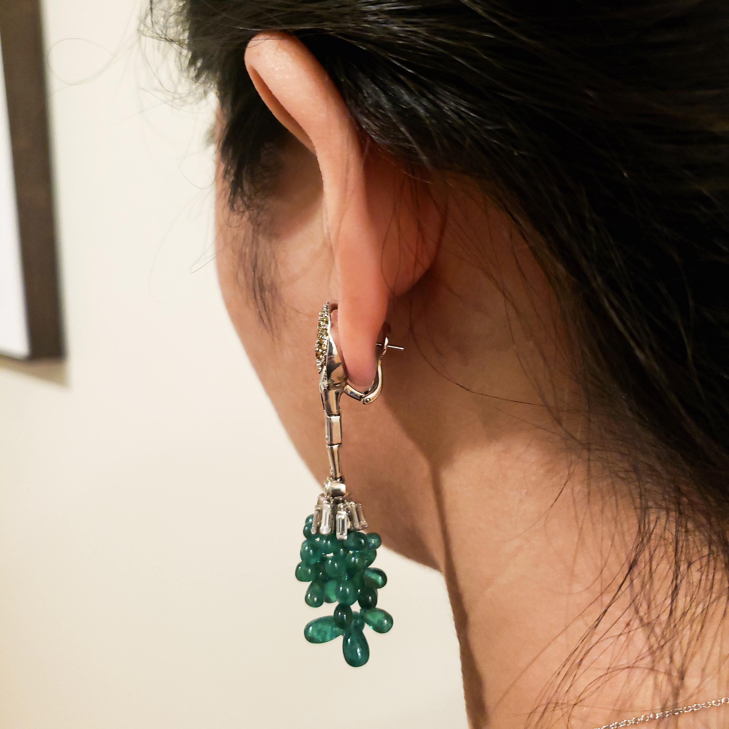 Art Deco Bead Shape Emerald and Fancy Color Diamond Dangle Drop Earrings For Sale 1