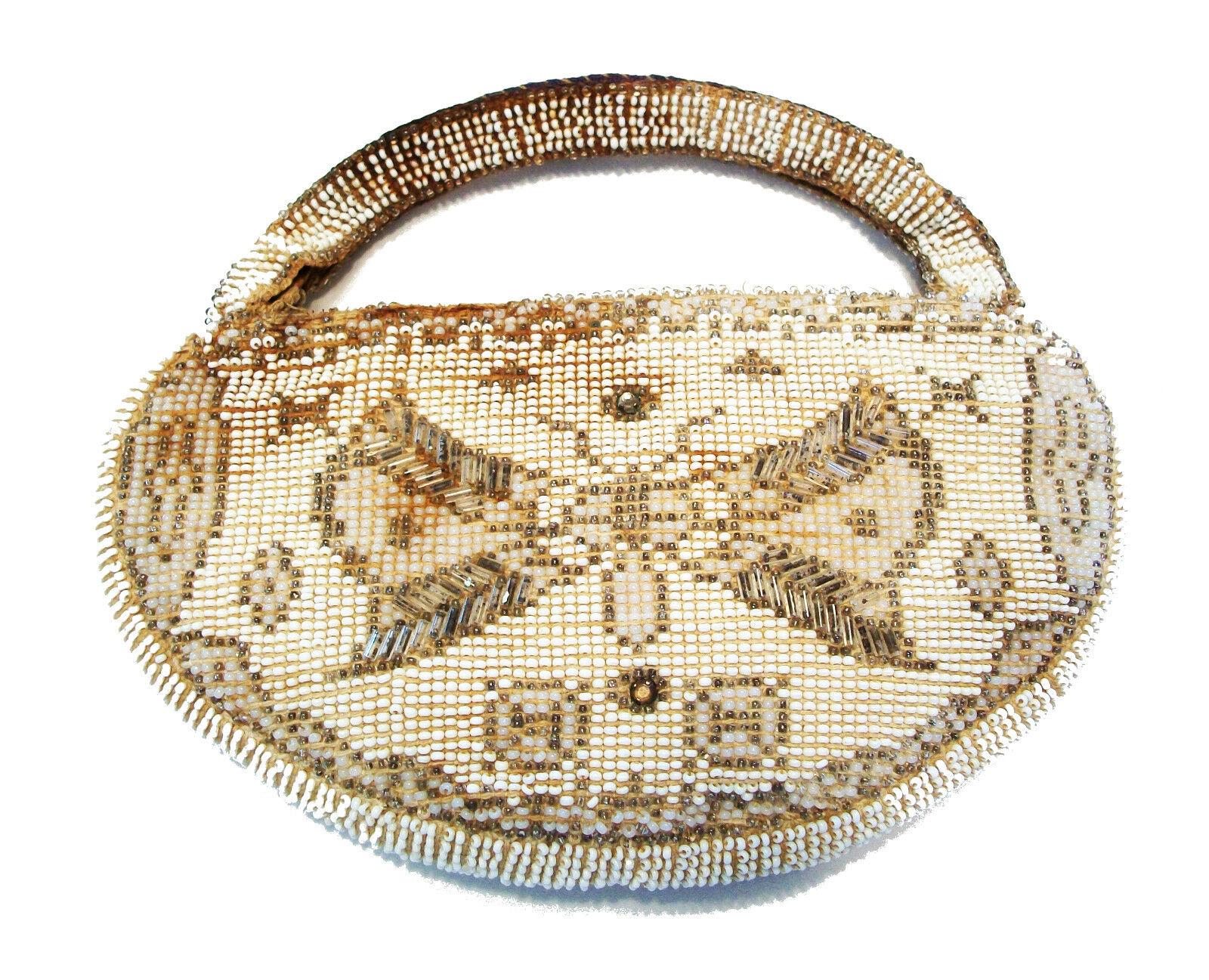 Art Deco beaded evening bag with butterflies - small size  - fine beading and detail hand-sewn with milk glass and opaque round and bugle beads - original zipper closure - fully beaded strap - original lining - original label showing country of