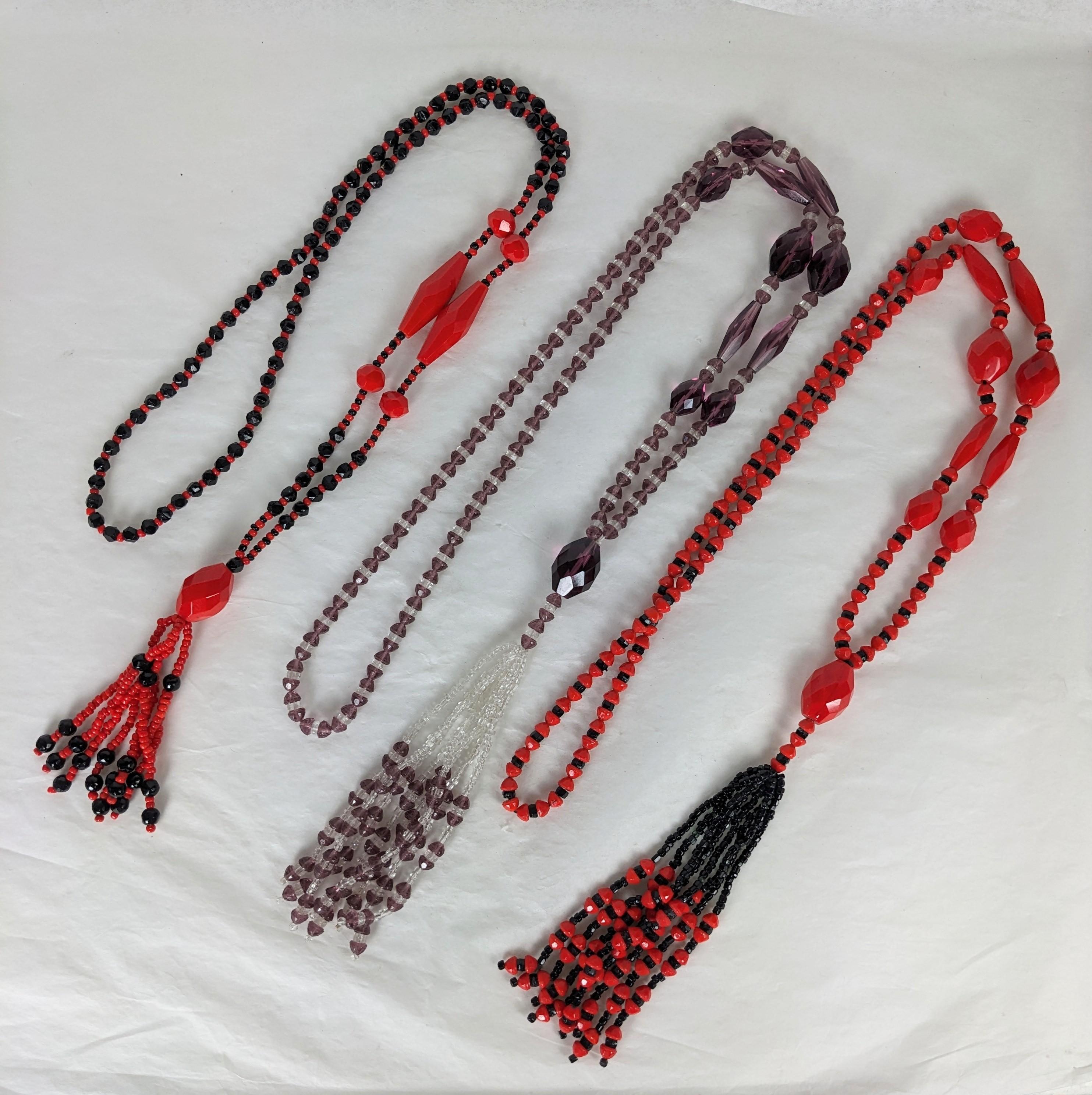 Art Deco Beaded Sautoirs, French old stock, unworn. Different colorations available with red tassel, black tassel or in purple/crystal colorations. 1920's France of Czech beads. 