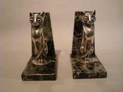 Art Deco Becquerel Cat Silvered Bronze Bookends, France, 1920