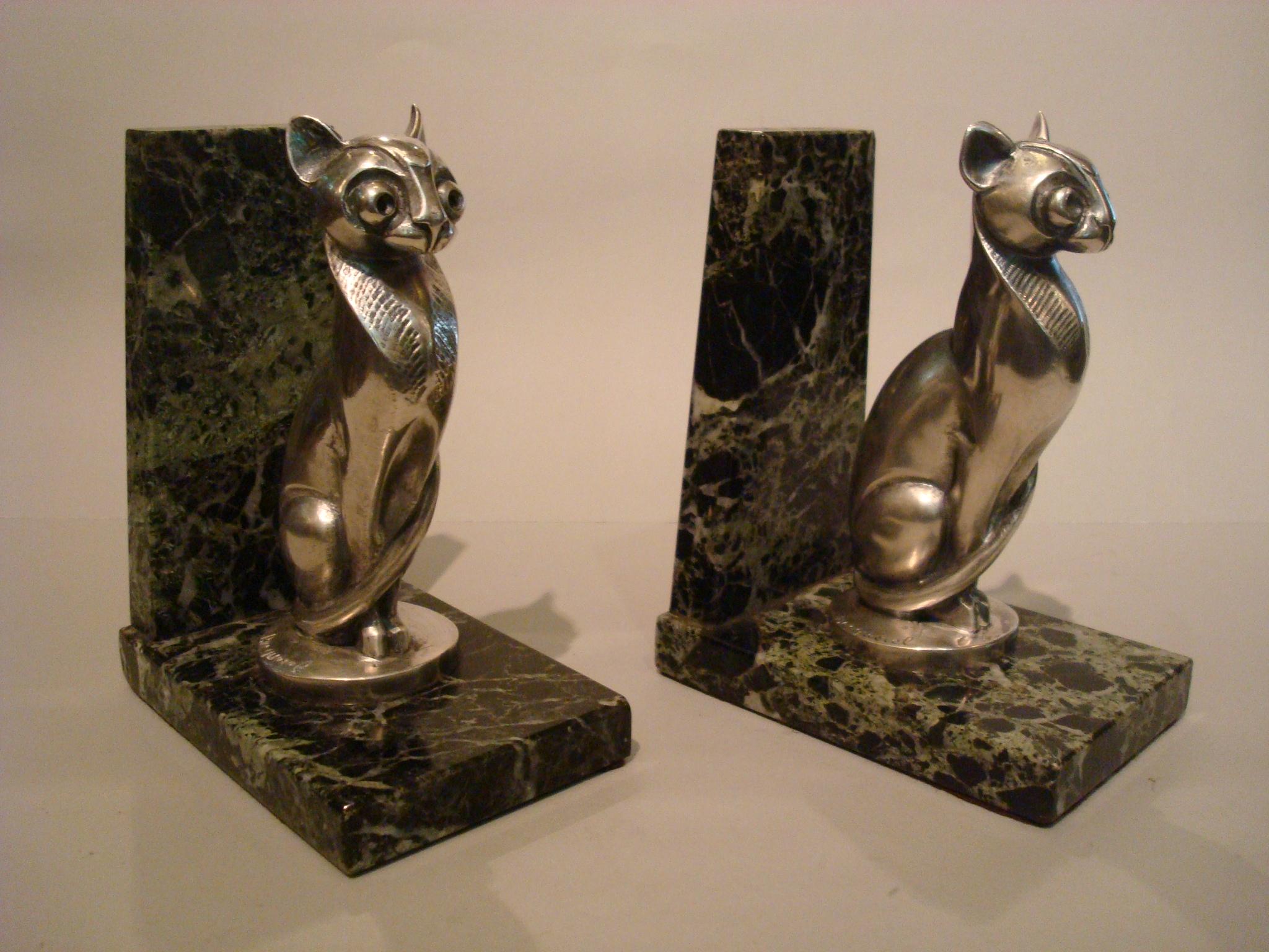 French Art Deco Becquerel Cat Silvered Bronze Bookends, France, 1920