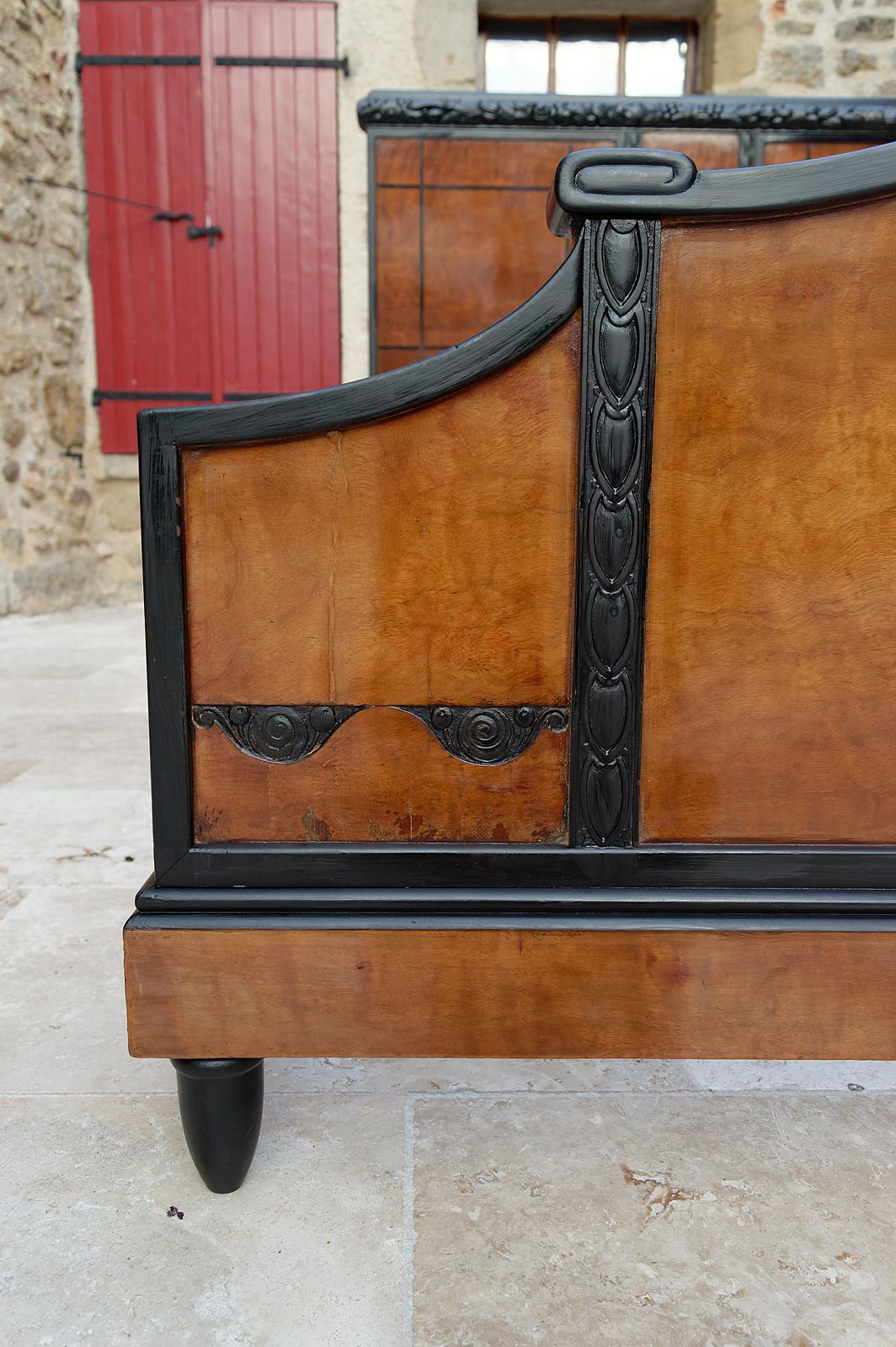 Blackened Art Deco bed, Carved wood, France, Circa 1920 For Sale