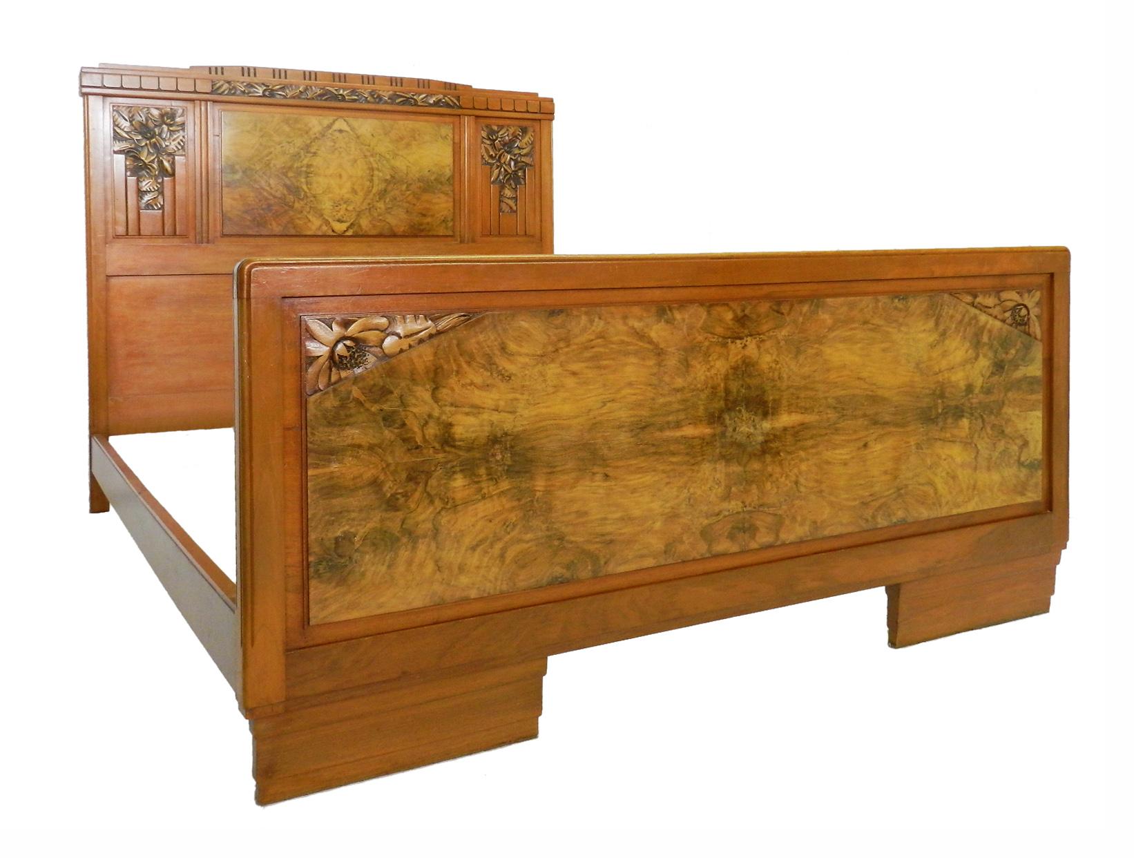 French Art Deco bed walnut antique circa 1930
Stunning burr walnut insets
Attributed to Sue et Mare their pieces were mostly unmarked and the quality of this is in keeping with all their original work
The bed will dismantle for shipping and placing