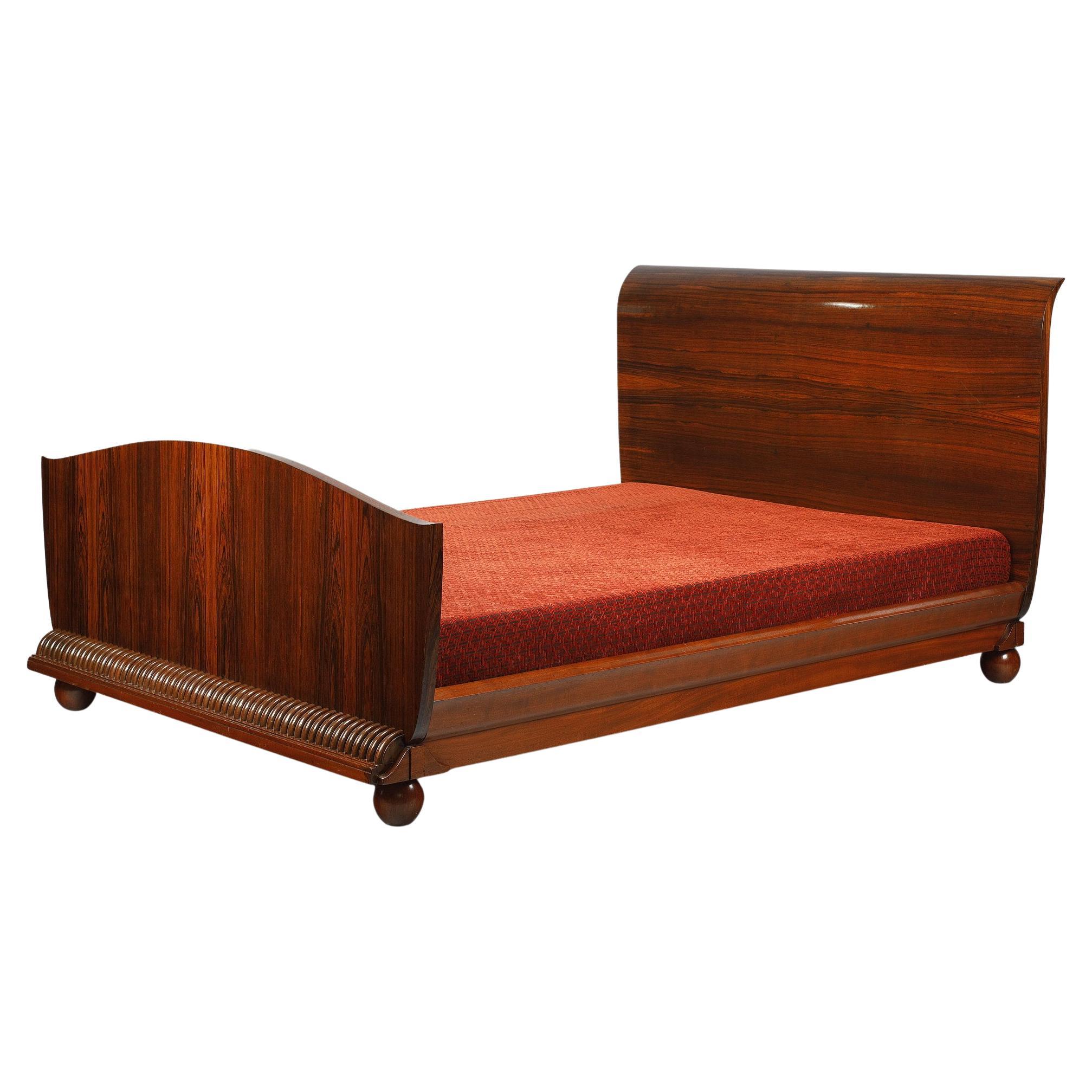 Art Deco QueenSize Bed and Bedside Tables in Macassar Wood For Sale at