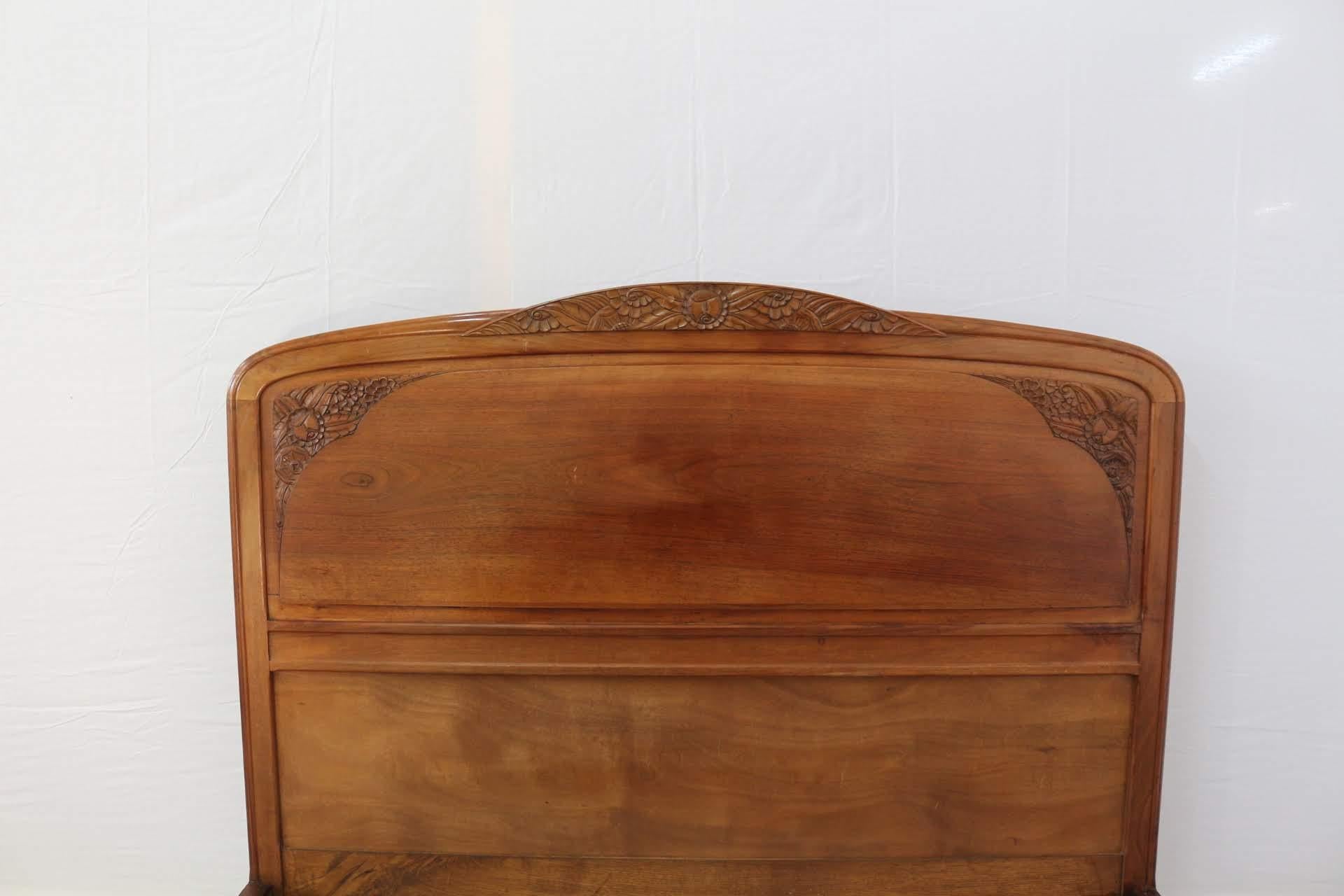 20th Century Art Deco Bed US Queen UK King Size Carved French Walnut, circa 1930