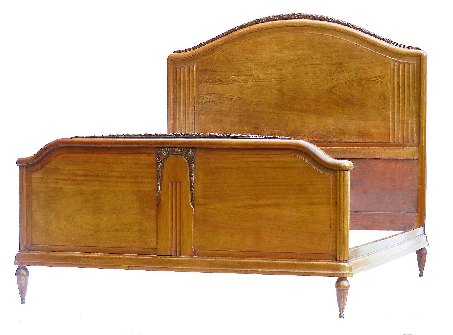 Art Deco Bed US Queen UK King Size French Carved Walnut, circa 1930 at