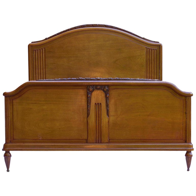 Art Deco Bed US Queen UK King Size French Carved Walnut, circa 1930 at