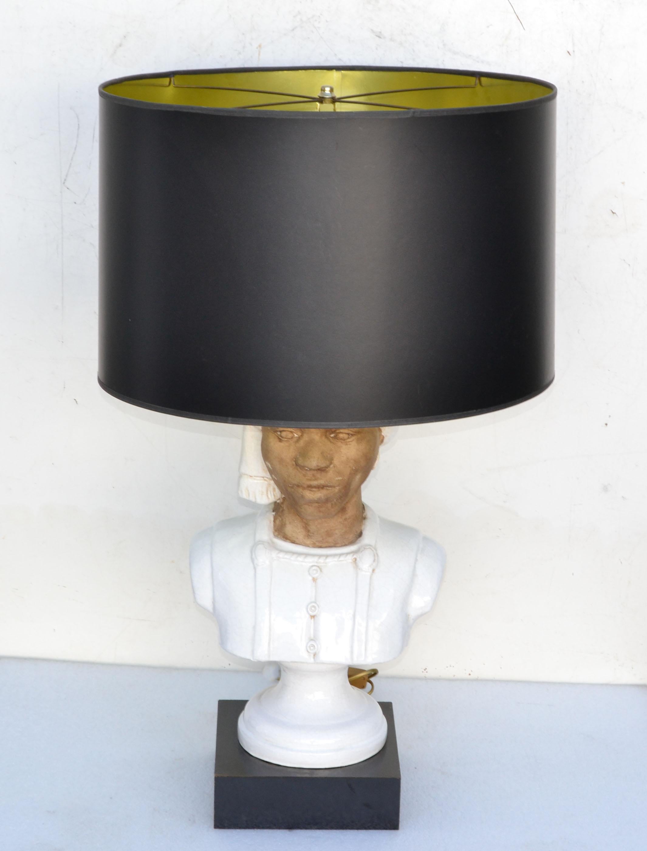 Art Deco Bedouin Head Bust Terracotta, Glazed Ceramic & Wood Table Lamp, 1950 For Sale 7
