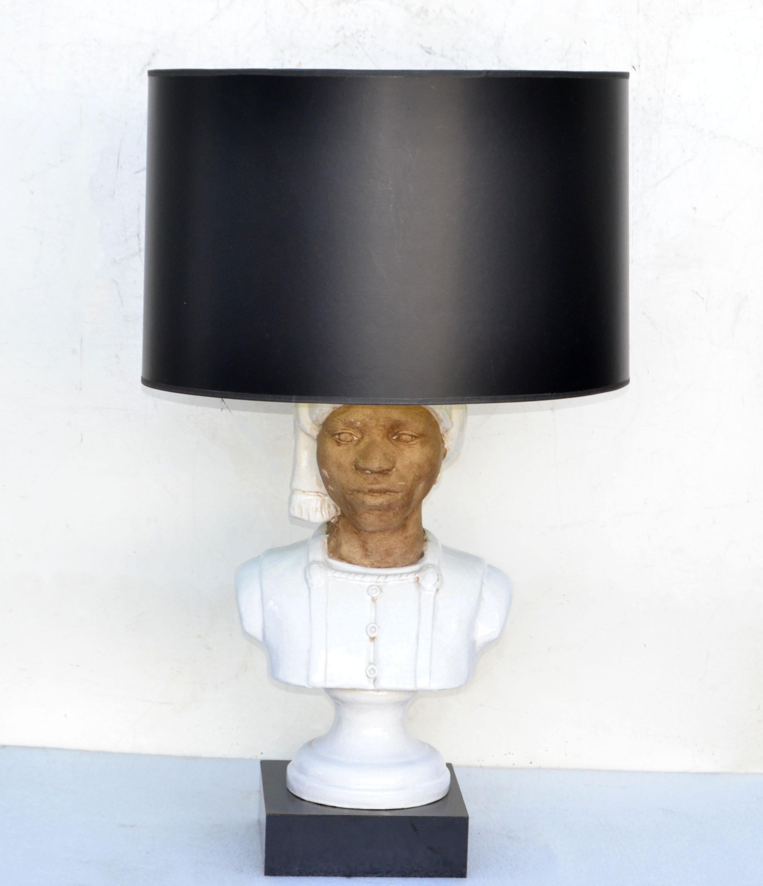 French Art Deco Bedouin Head Bust Terracotta, Glazed Ceramic & Wood Table Lamp, 1950 For Sale