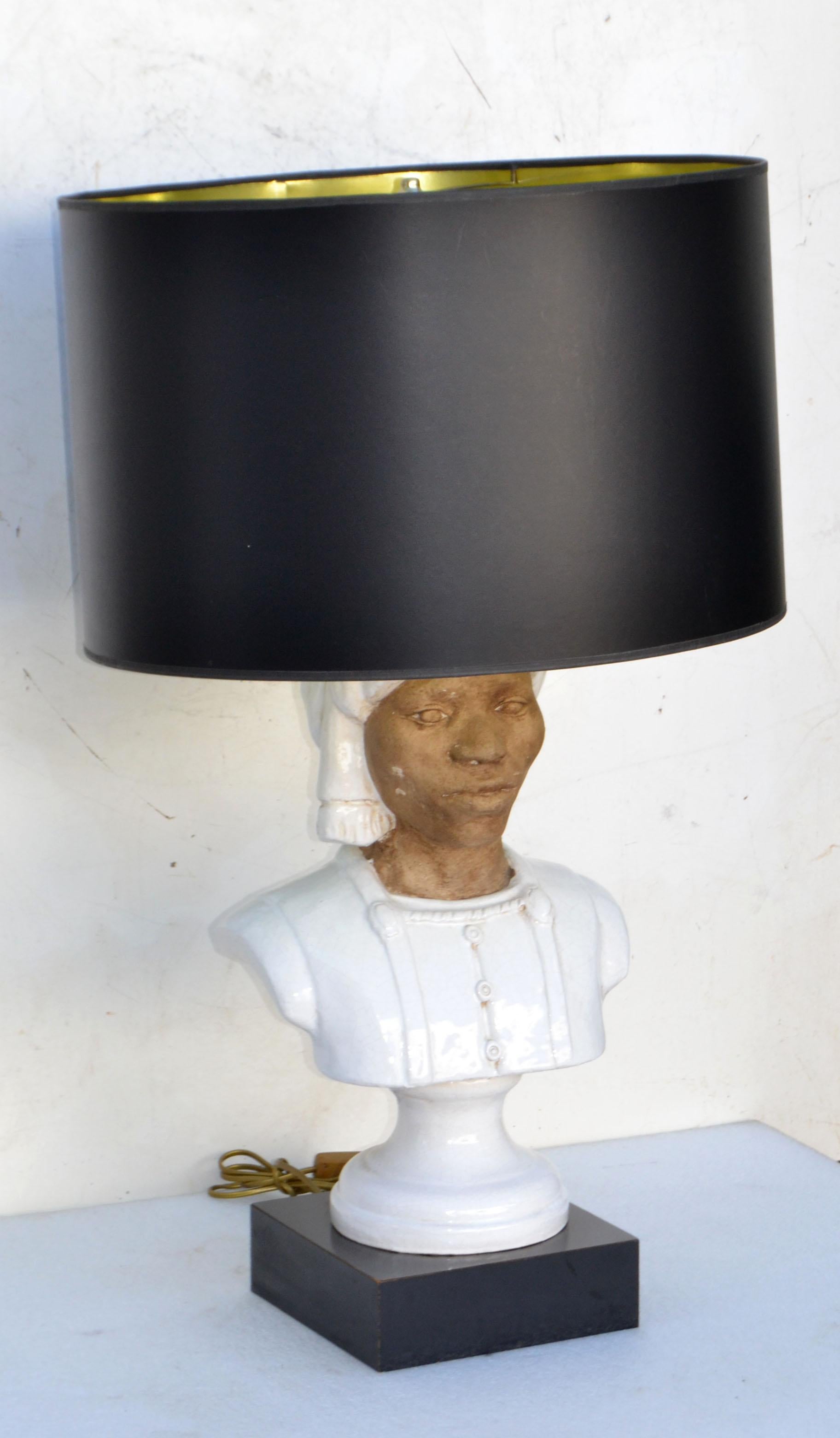 Hand-Carved Art Deco Bedouin Head Bust Terracotta, Glazed Ceramic & Wood Table Lamp, 1950 For Sale