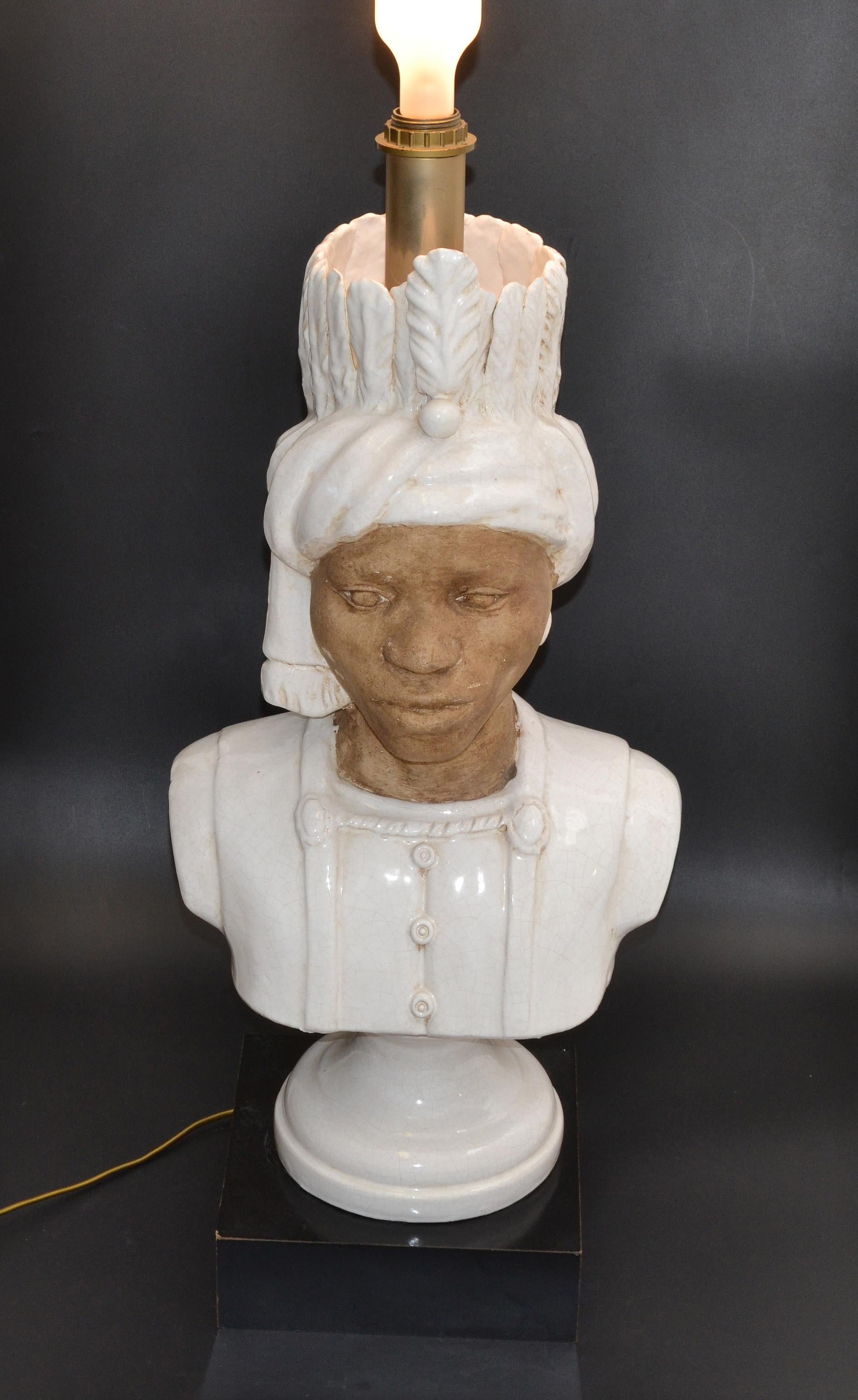 Art Deco Bedouin Head Bust Terracotta, Glazed Ceramic & Wood Table Lamp, 1950 For Sale 2