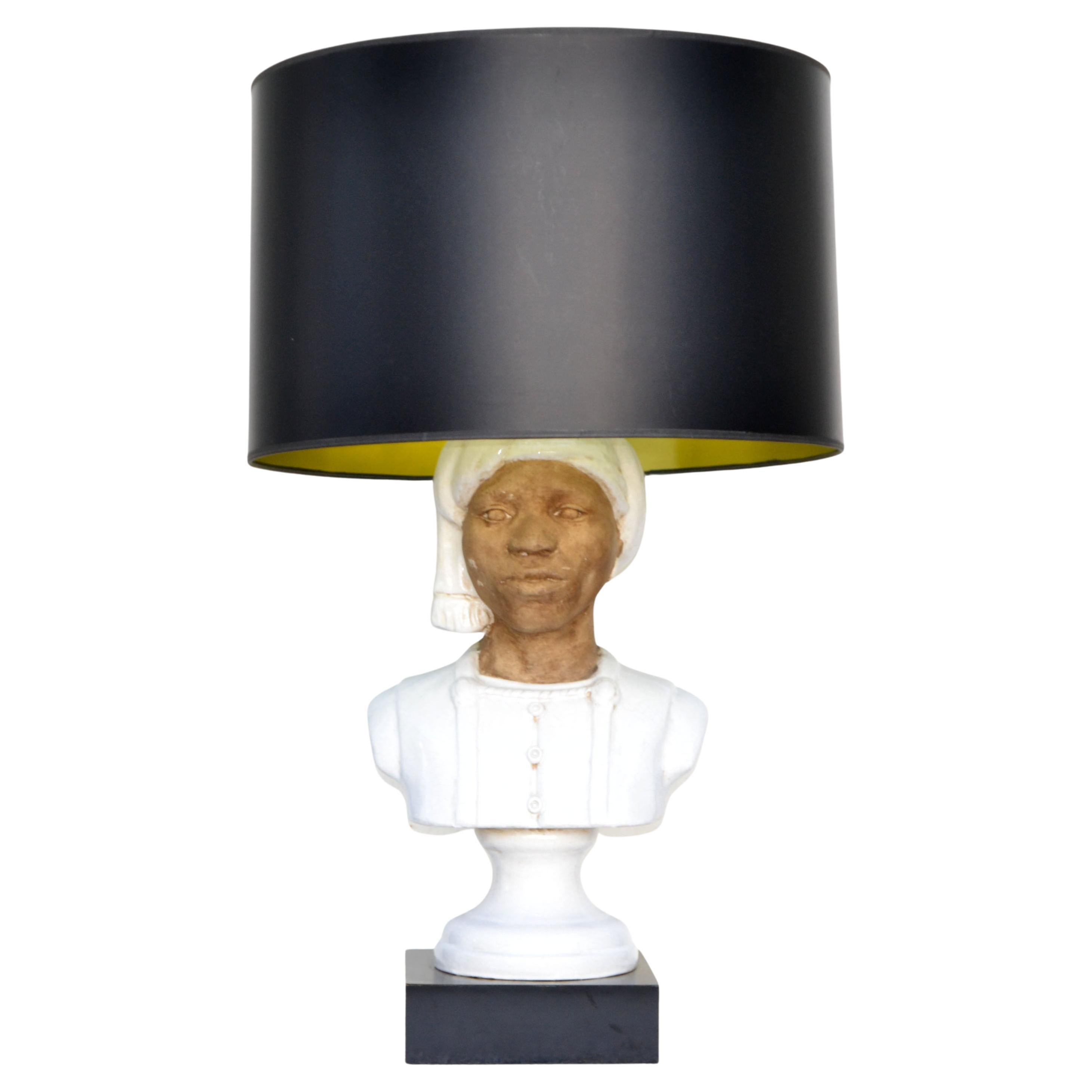 Art Deco Bedouin Head Bust Terracotta, Glazed Ceramic & Wood Table Lamp, 1950