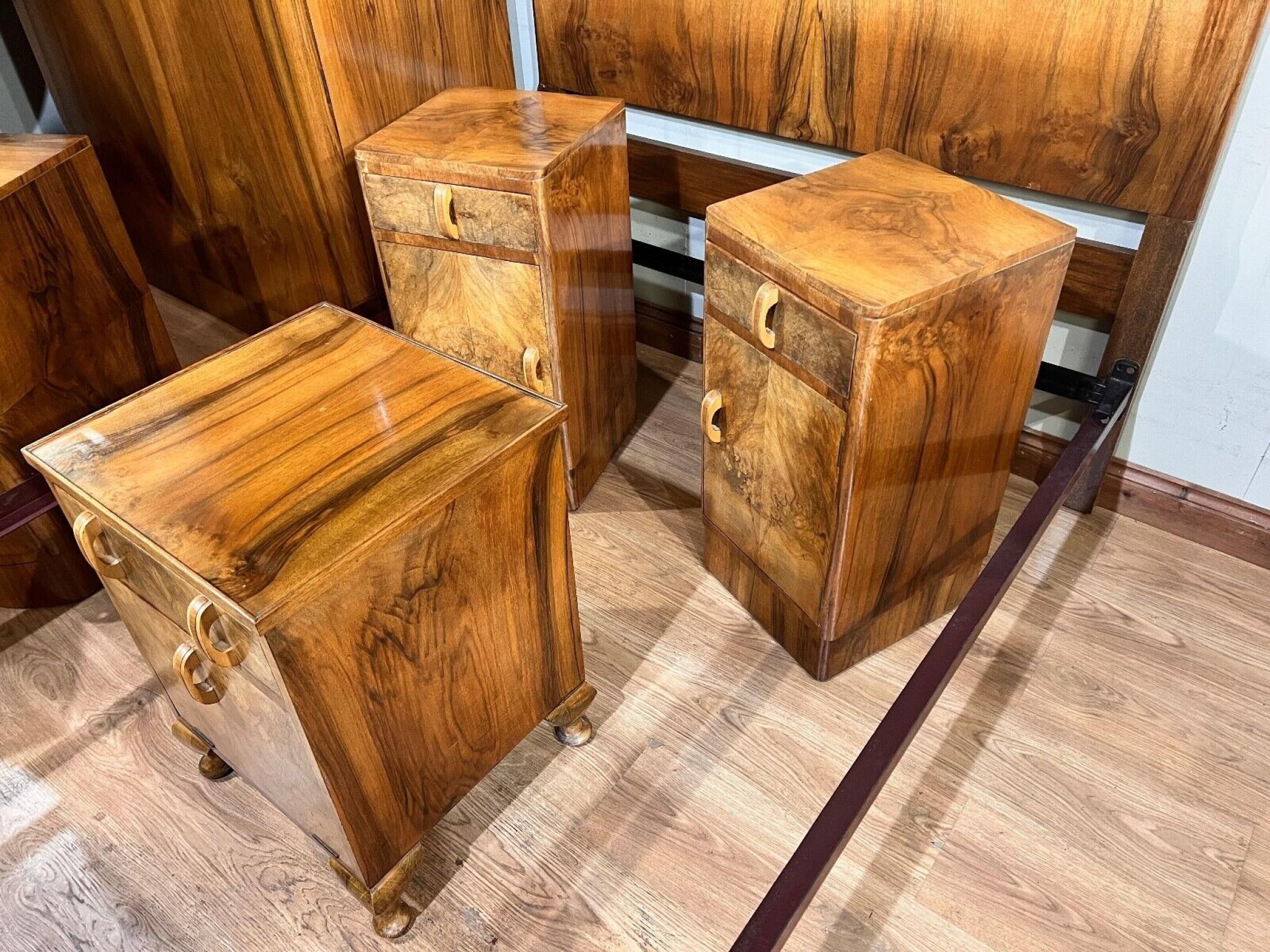 Wood Art Deco Bedroom Suite Bedside Chests Dresser Wardrobe Period 1920s