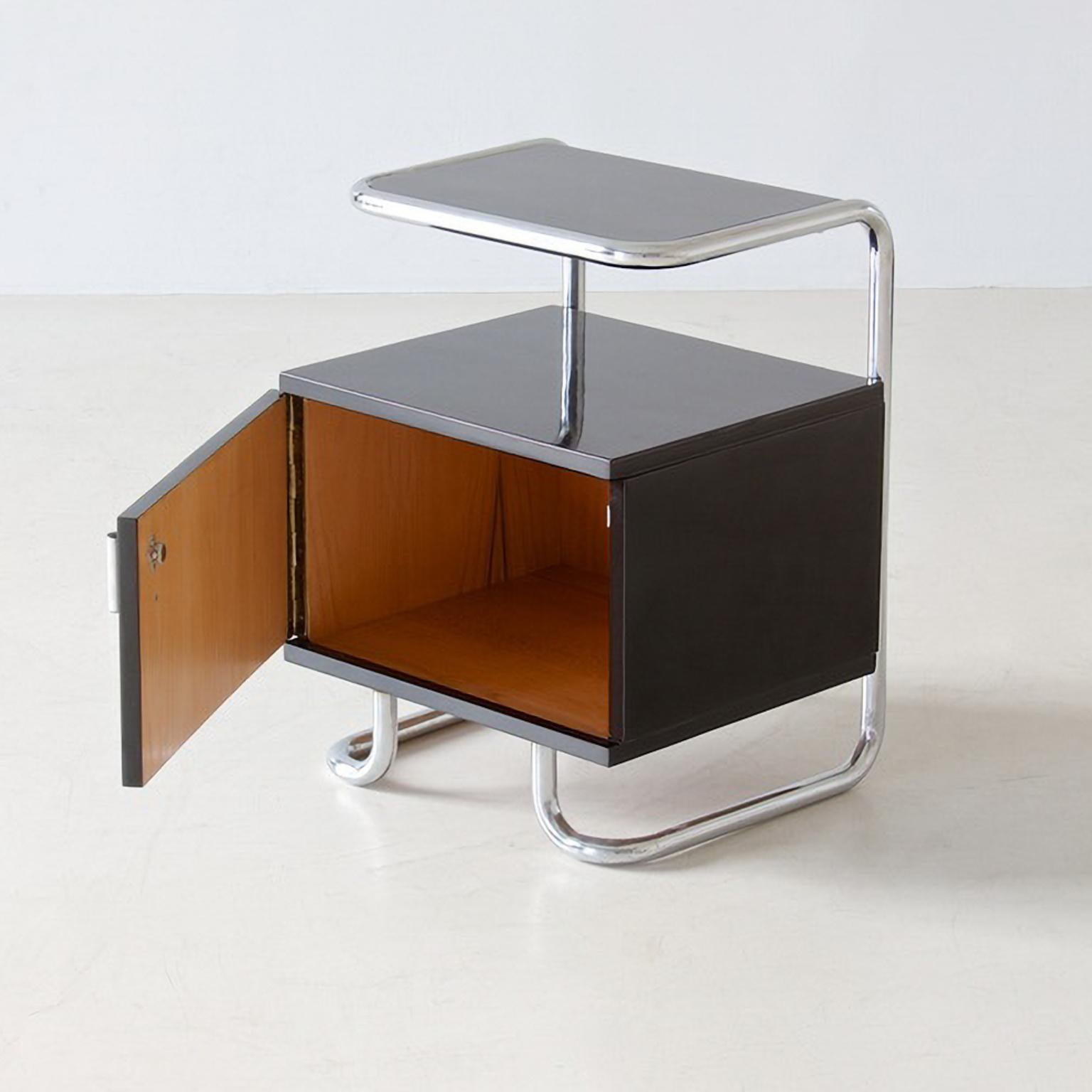 Plated Art Deco Bedside Cabinets in Black Glossy Lacquered Wood and Chromed Steel, 1930 For Sale