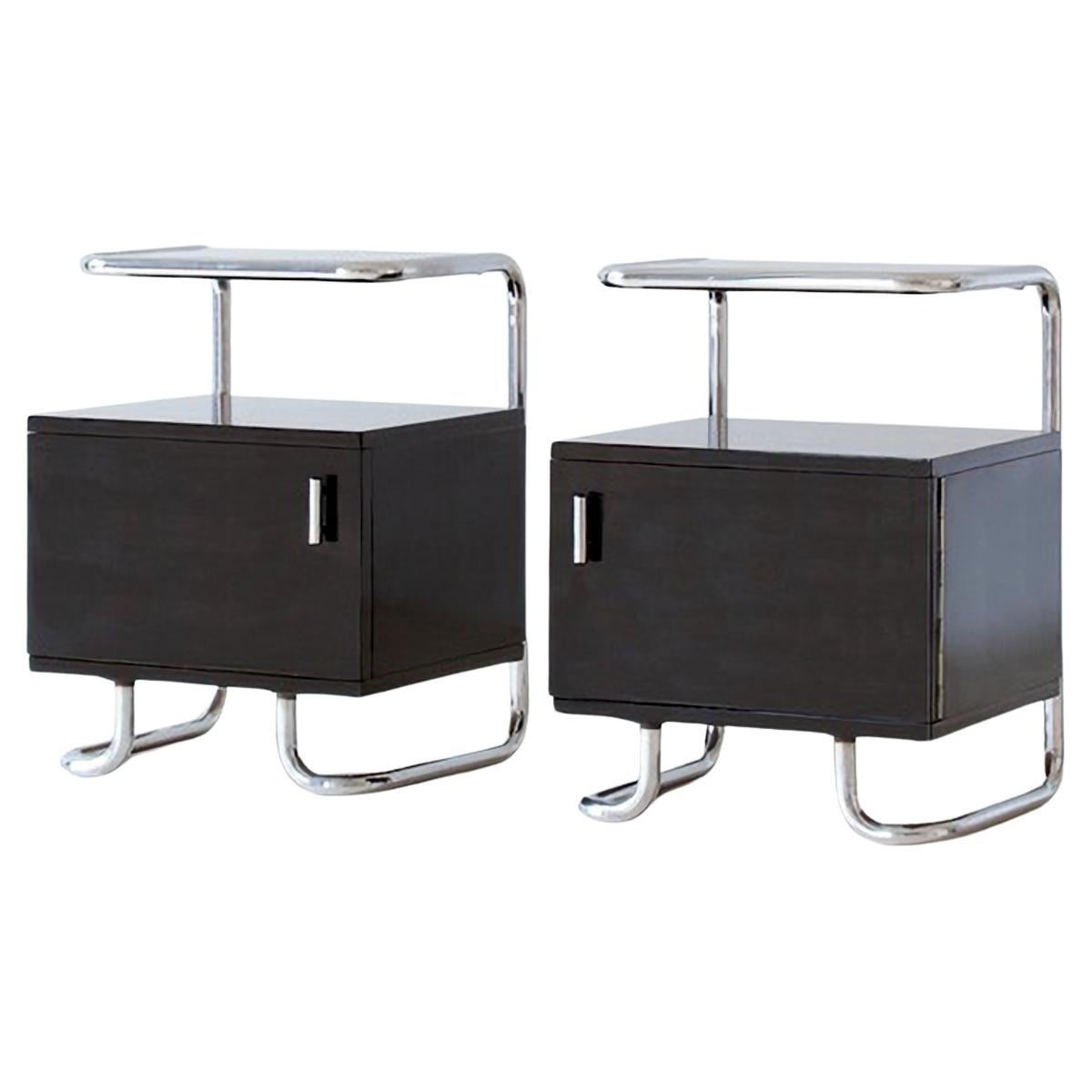 Art Deco Bedside Cabinets in Black Glossy Lacquered Wood and Chromed Steel, 1930 For Sale