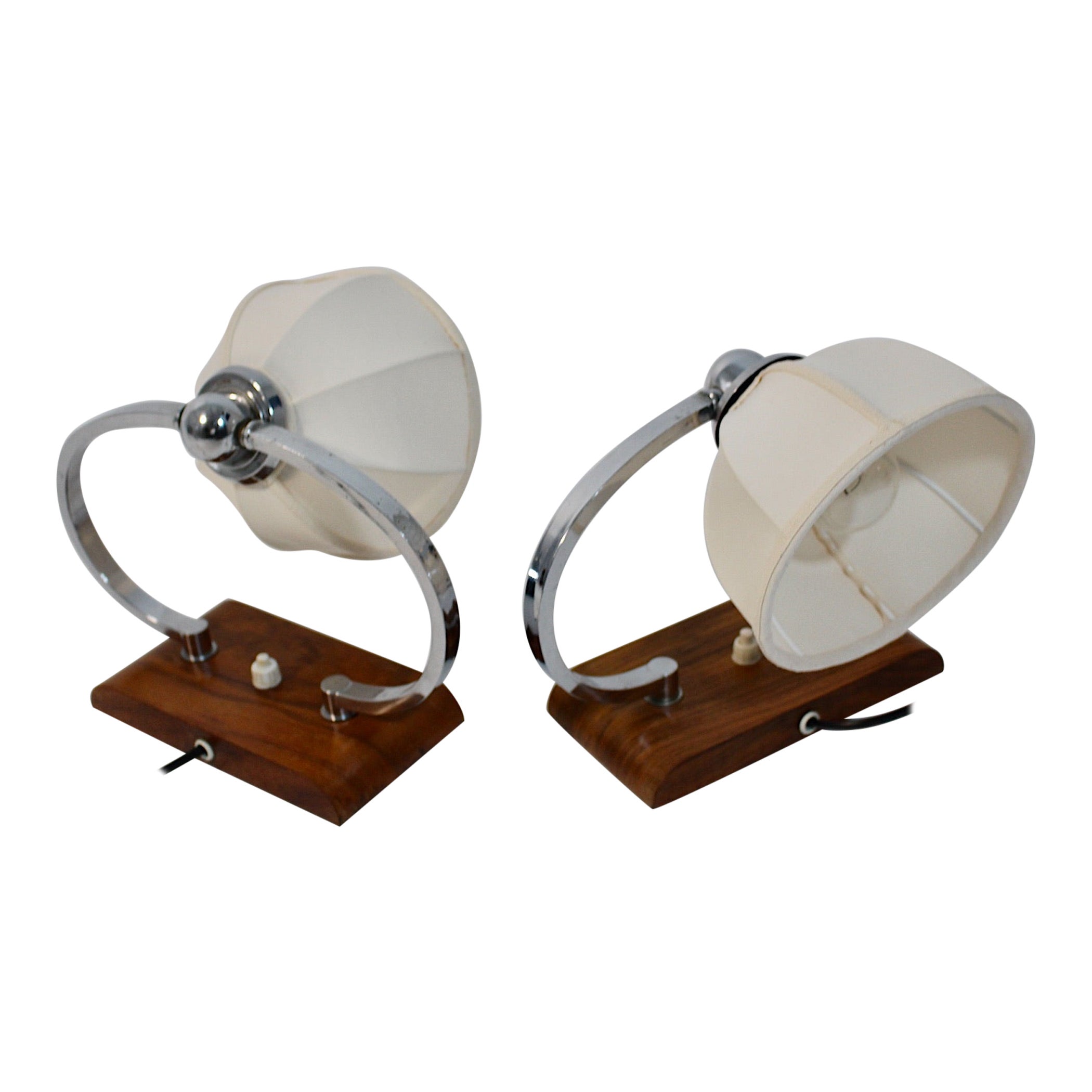 Art Deco Bedside Lamps Table Lamps Walnut Chrome Cloud Dancer Textile Shade 1925 For Sale