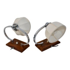 Art Deco Nachttischlampen Tischlampen Nussbaum Chrom Wolkentänzerin Textilschirm 1925