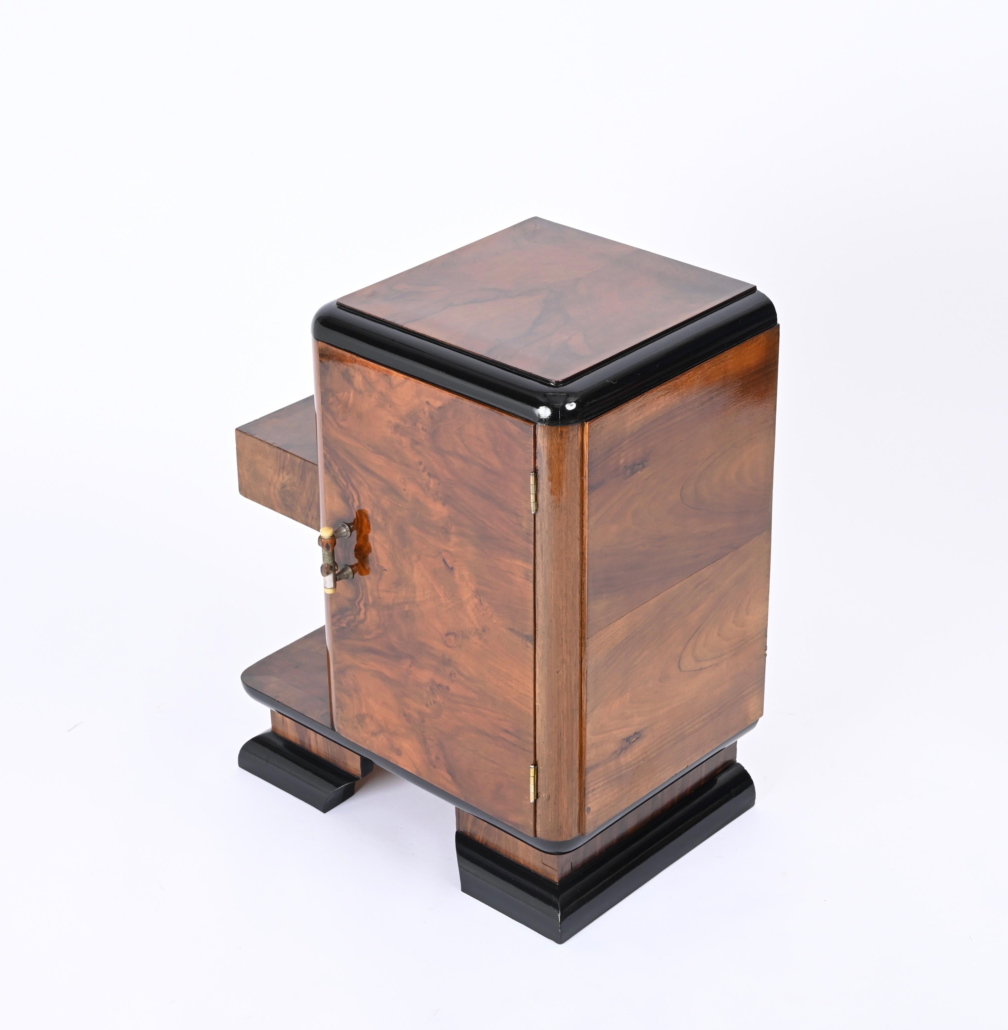 Art Deco Bedside Table, Olive Burl and Lacquered Wood, Italian Nightstand, 1930s 5
