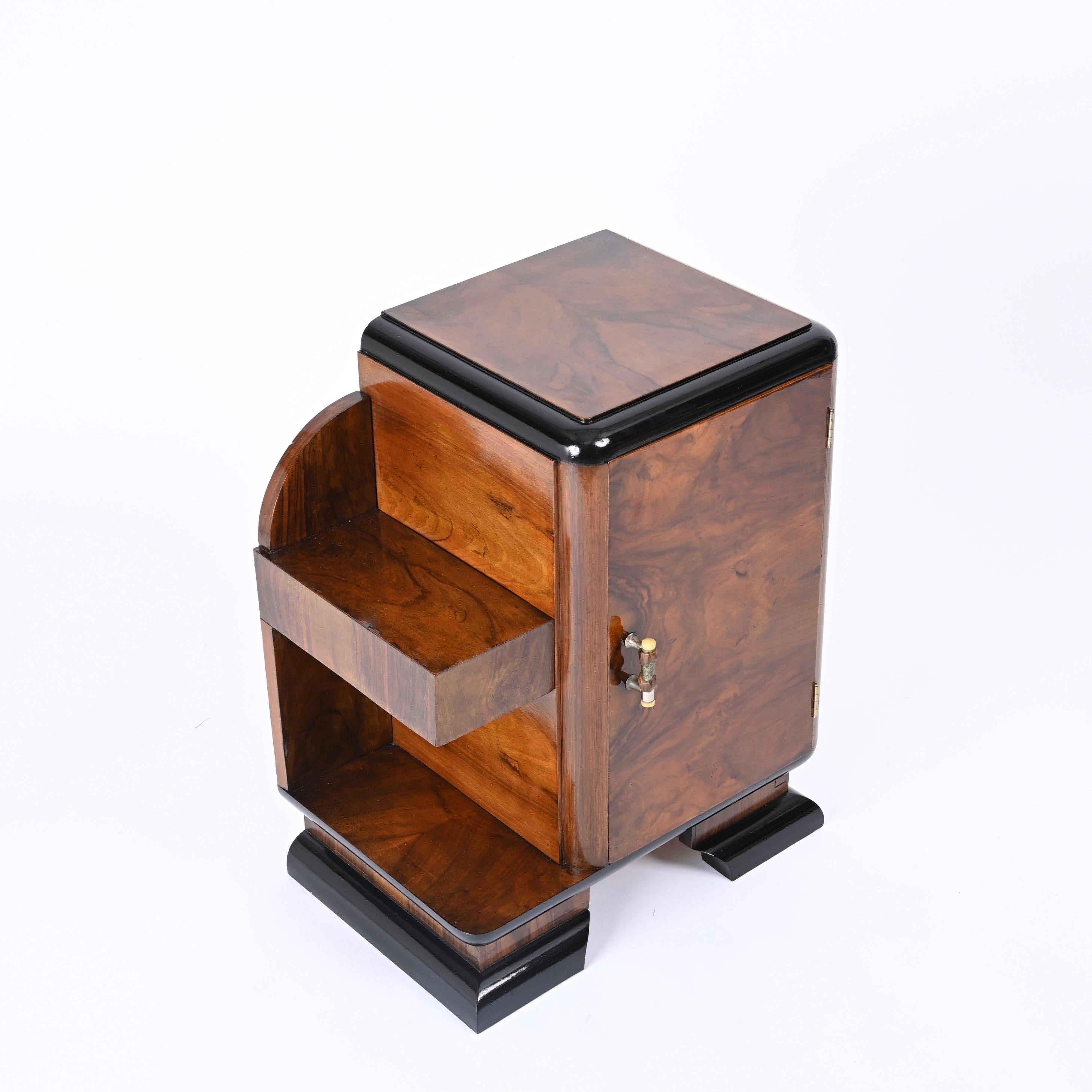 Art Deco Bedside Table, Olive Burl and Lacquered Wood, Italian Nightstand, 1930s 6