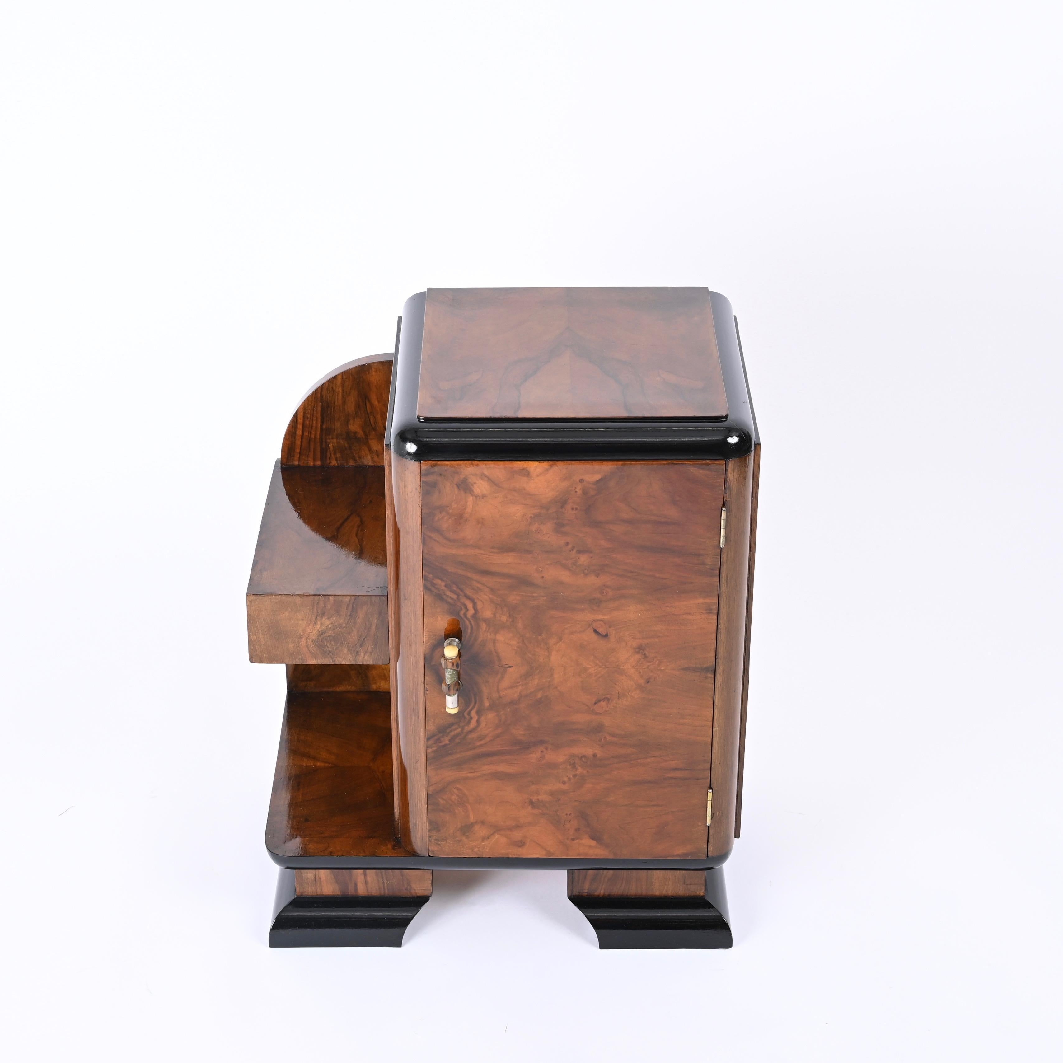 Art Deco Bedside Table, Olive Burl and Lacquered Wood, Italian Nightstand, 1930s 7