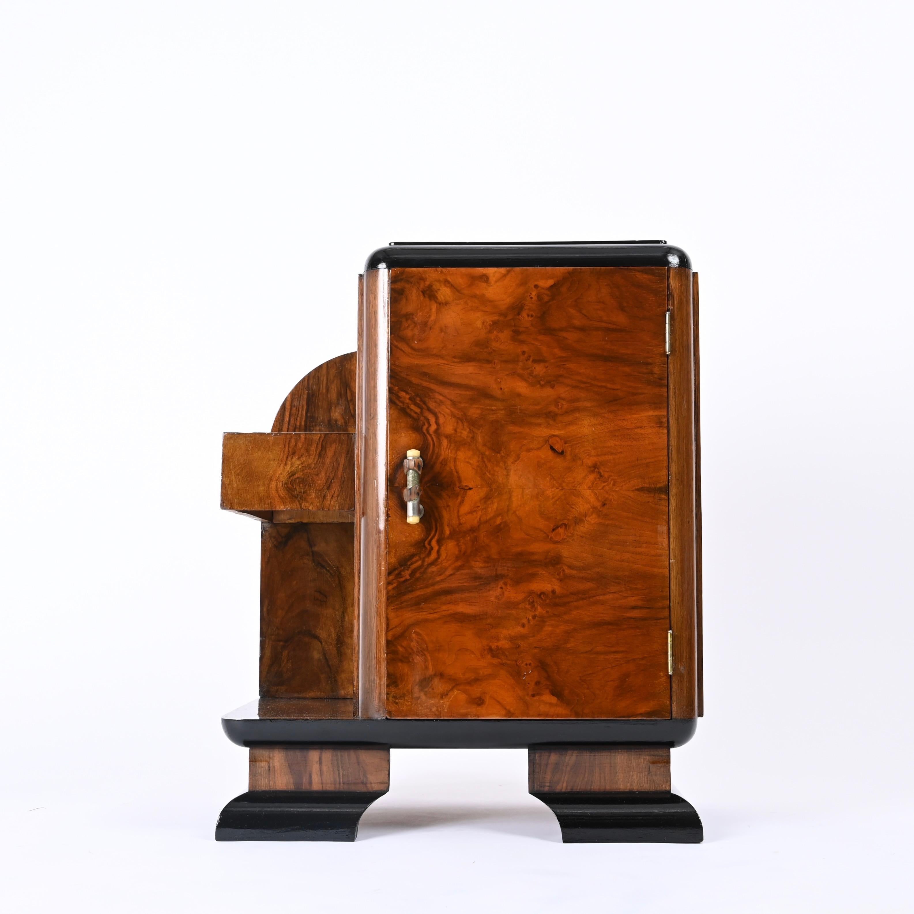 20th Century Art Deco Bedside Table, Olive Burl and Lacquered Wood, Italian Nightstand, 1930s