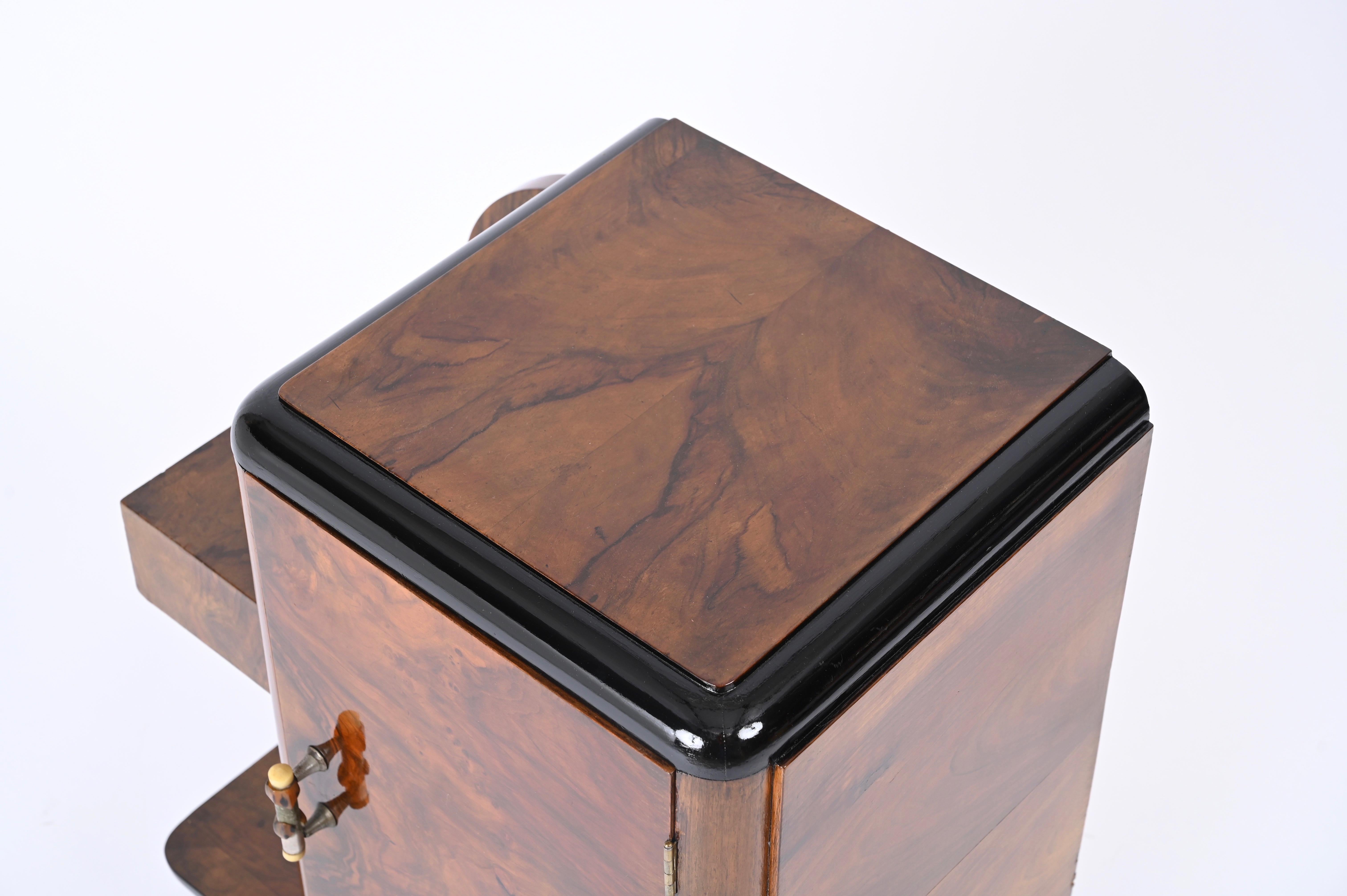 Art Deco Bedside Table, Olive Burl and Lacquered Wood, Italian Nightstand, 1930s 1