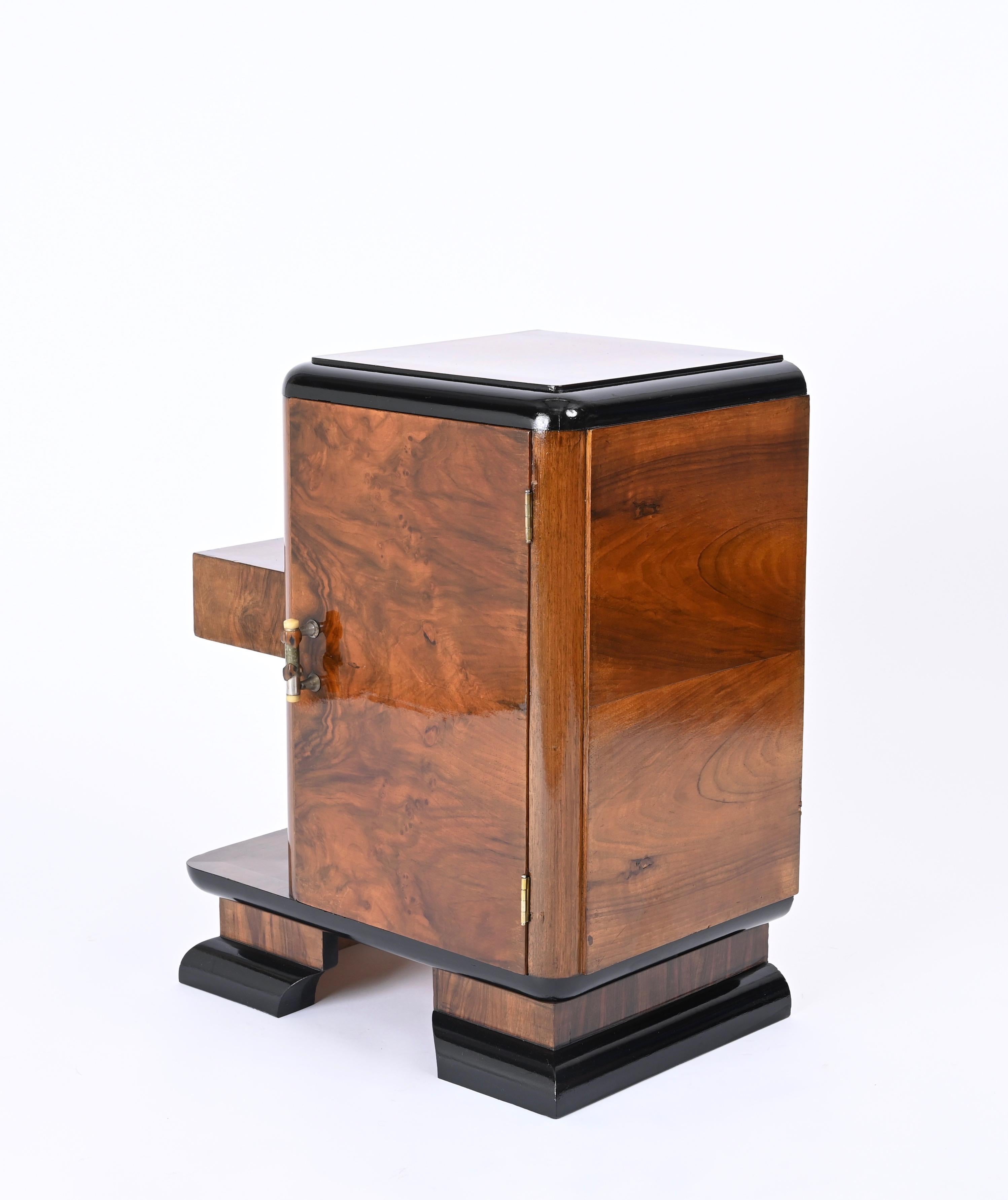 Art Deco Bedside Table, Olive Burl and Lacquered Wood, Italian Nightstand, 1930s 2