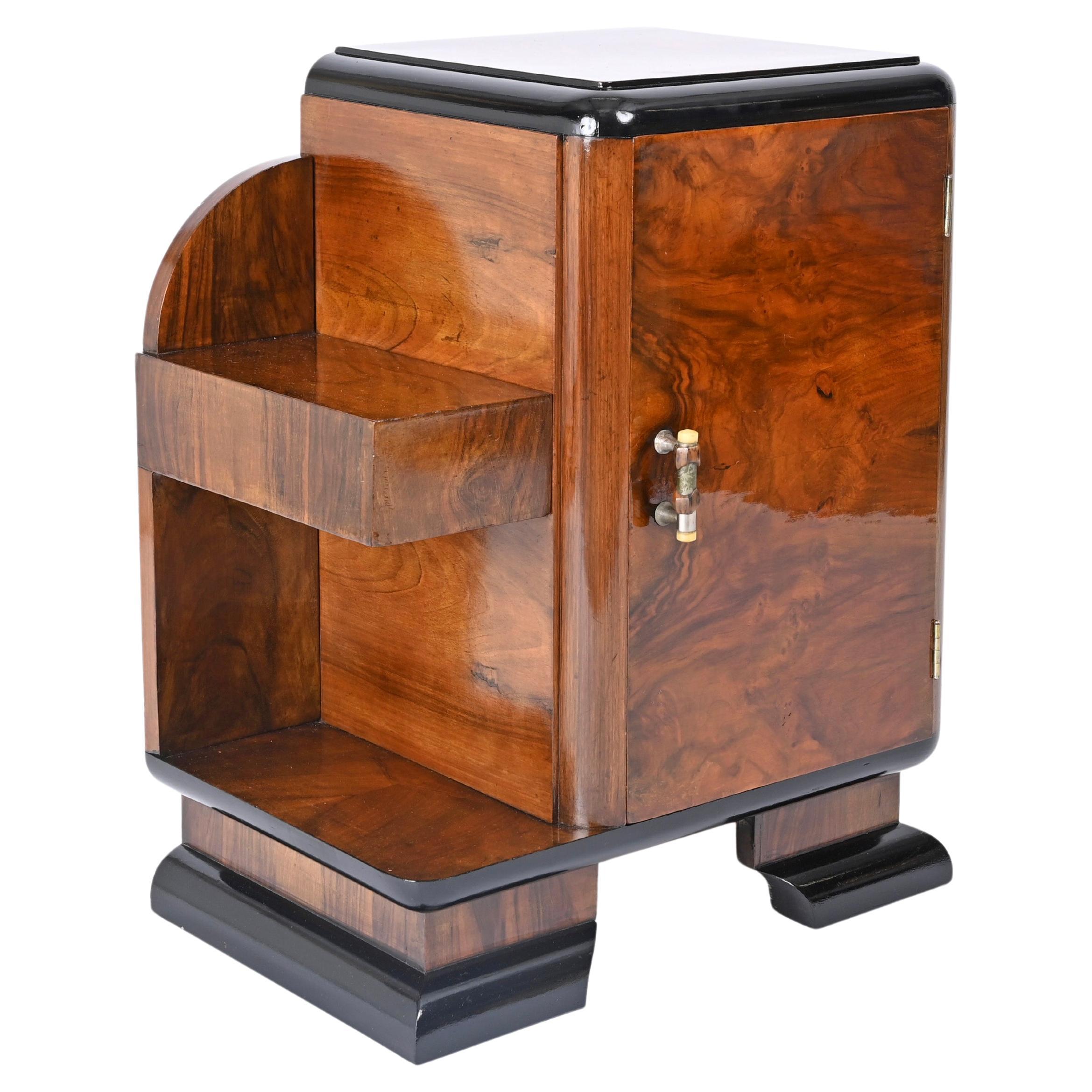 Art Deco Bedside Table, Olive Burl and Lacquered Wood, Italian Nightstand, 1930s