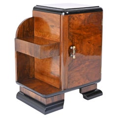 Antique Art Deco Bedside Table, Olive Burl and Lacquered Wood, Italian Nightstand, 1930s