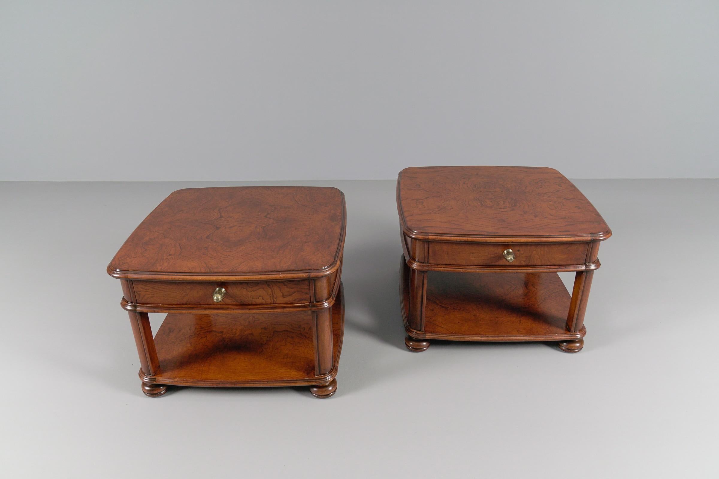 Brass Art Deco Bedside Tables in Mahogany, 1940s, Set of 2 For Sale