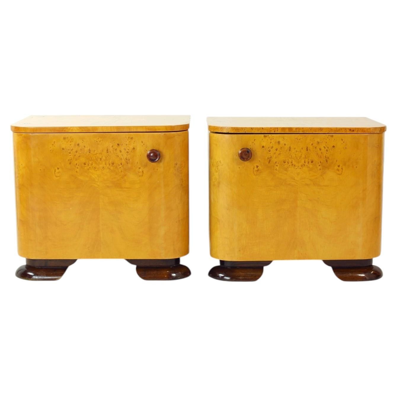 Comodini in stile Art Déco con impiallacciatura di radice, Cecoslovacchia, anni ’40