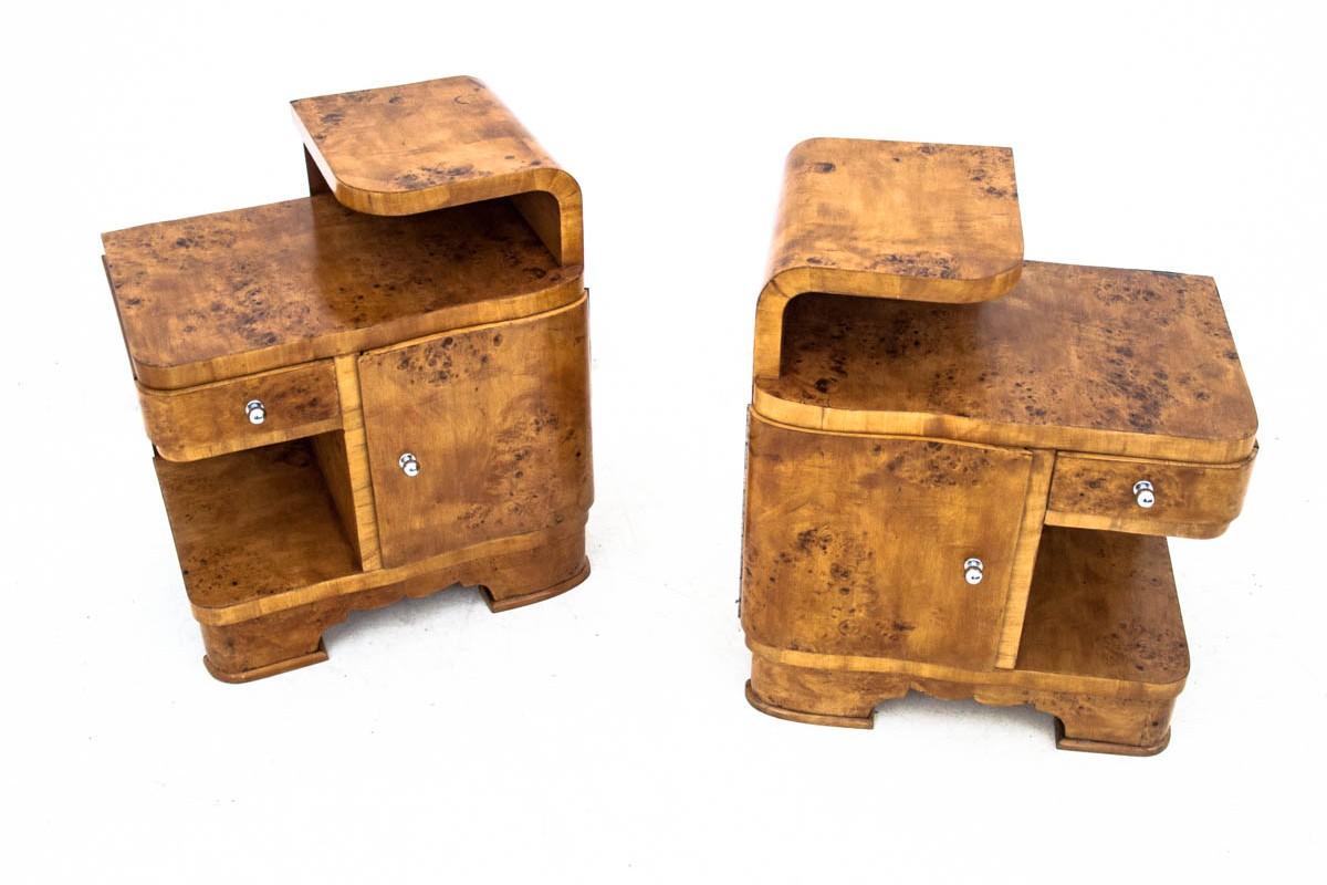 Art Deco bedside tables from the 1950s. Furniture in very good condition, after professional renovation.

Dimensions: Height 59 cm / width 51 cm / depth 37 cm.