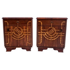 Art Deco Bedside Tables with Unique Carving, Poland, 1940s Art Deco Bedside Tables with Unique Carving, Poland, 1940s