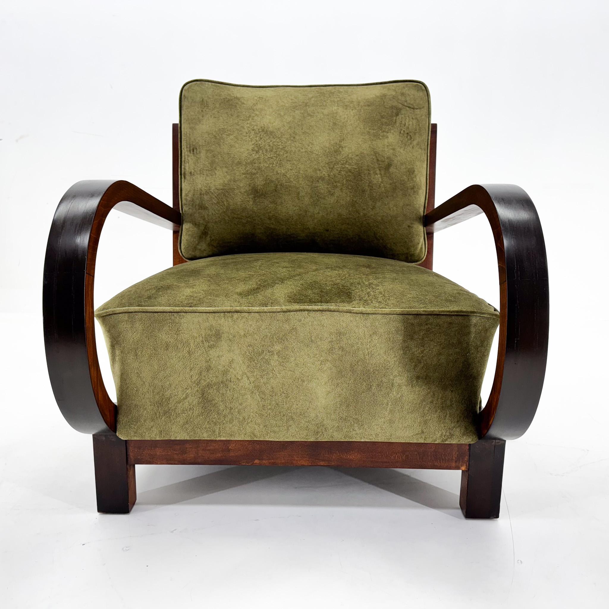 Czech Art Deco Beech Wood Armchair, 1930's, Newly Upholstered For Sale