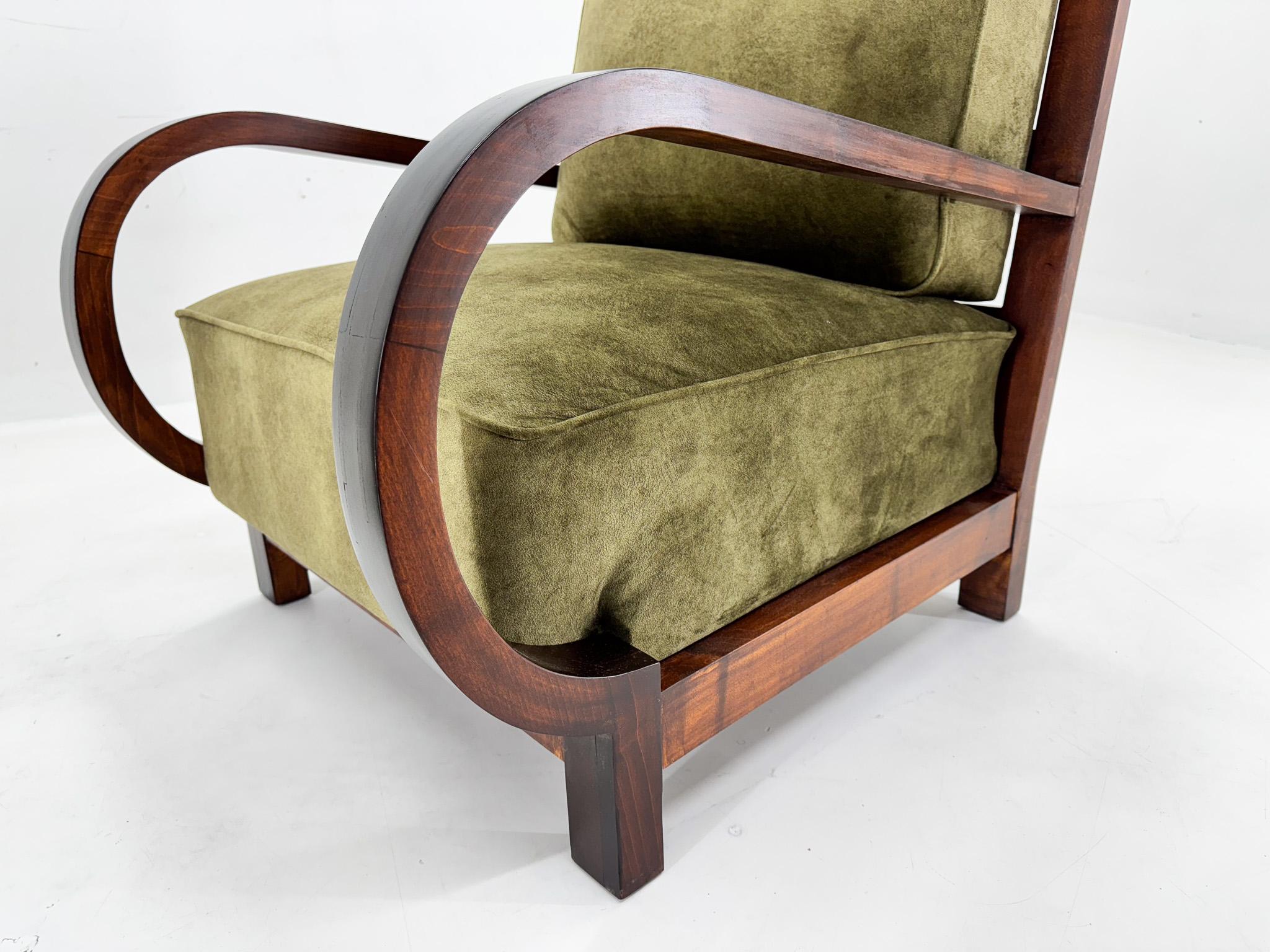 Fabric Art Deco Beech Wood Armchair, 1930's, Newly Upholstered For Sale